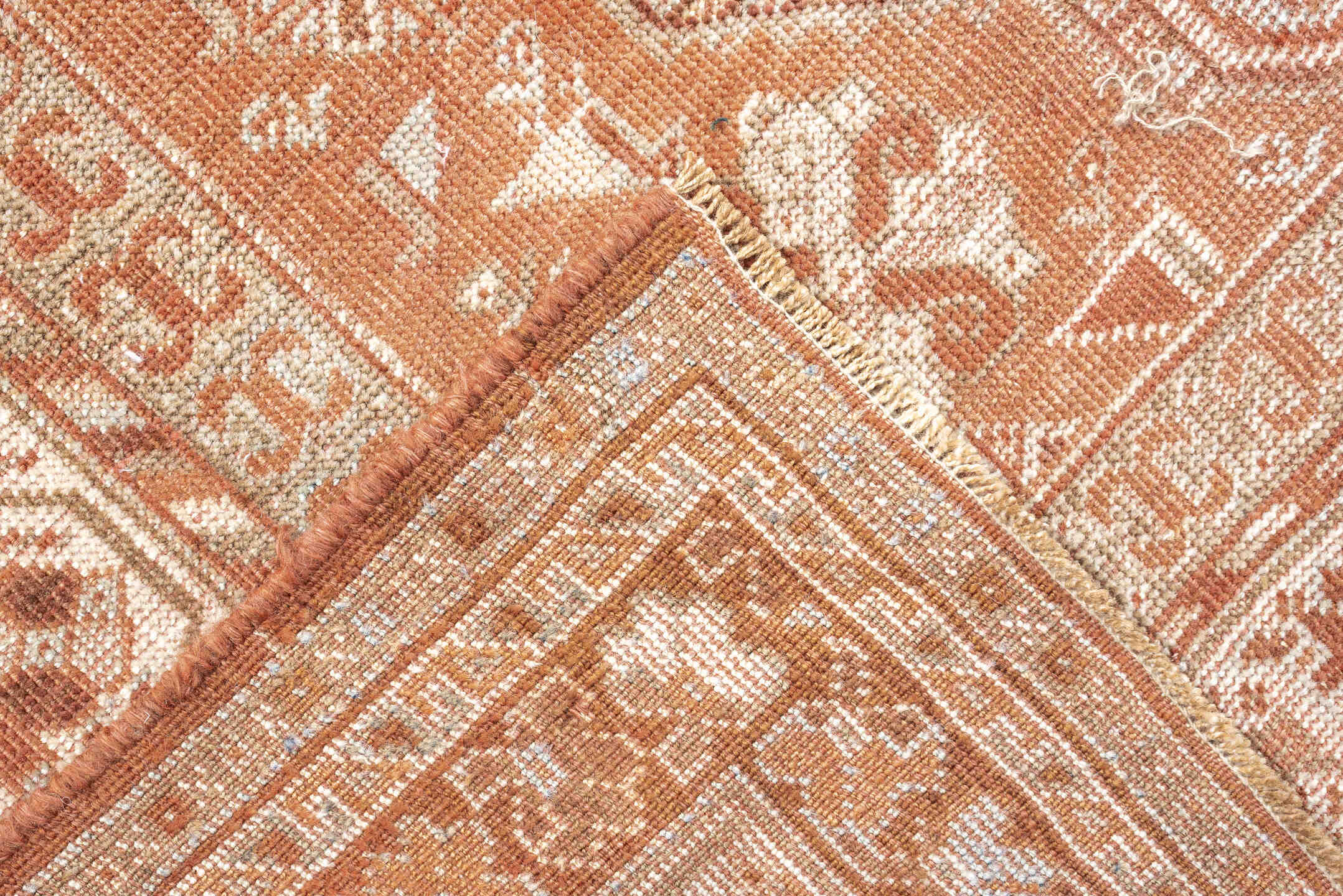 7' x 10' one-of-a-kind handmade antique Shiraz large size rug. Color palette: terra cotta, ivory, rose, rust, camel