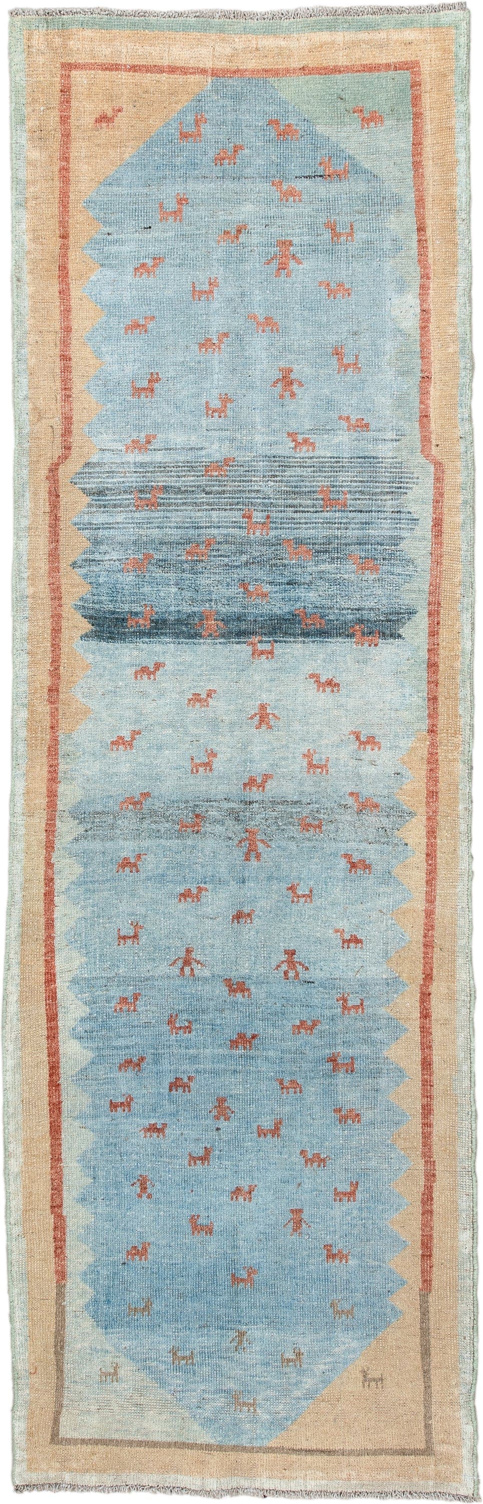 2' x 9' one-of-a-kind handmade antique Gabbe runner rug. Color palette: sky blue, ivory, rust, slate, camel, light blue