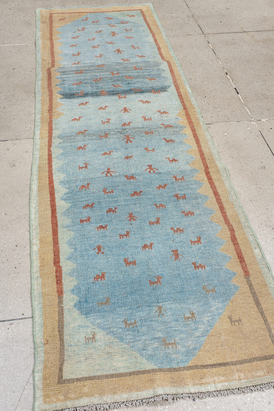 2' x 9' one-of-a-kind handmade antique Gabbe runner rug. Color palette: sky blue, ivory, rust, slate, camel, light blue