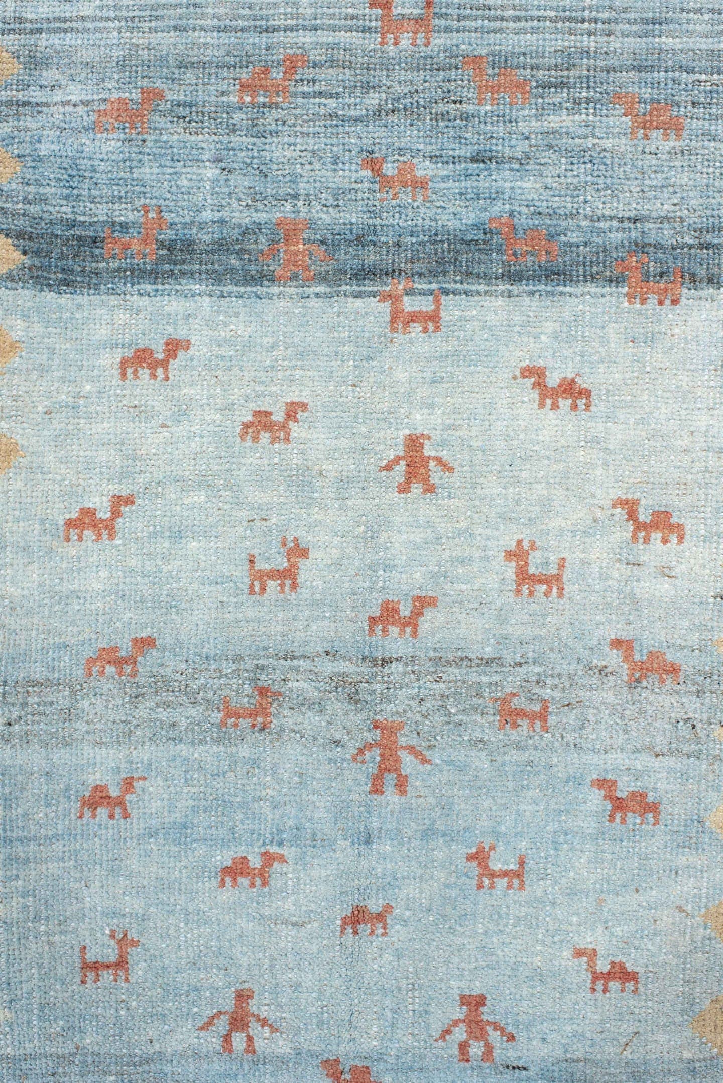 2' x 9' one-of-a-kind handmade antique Gabbe runner rug. Color palette: sky blue, ivory, rust, slate, camel, light blue