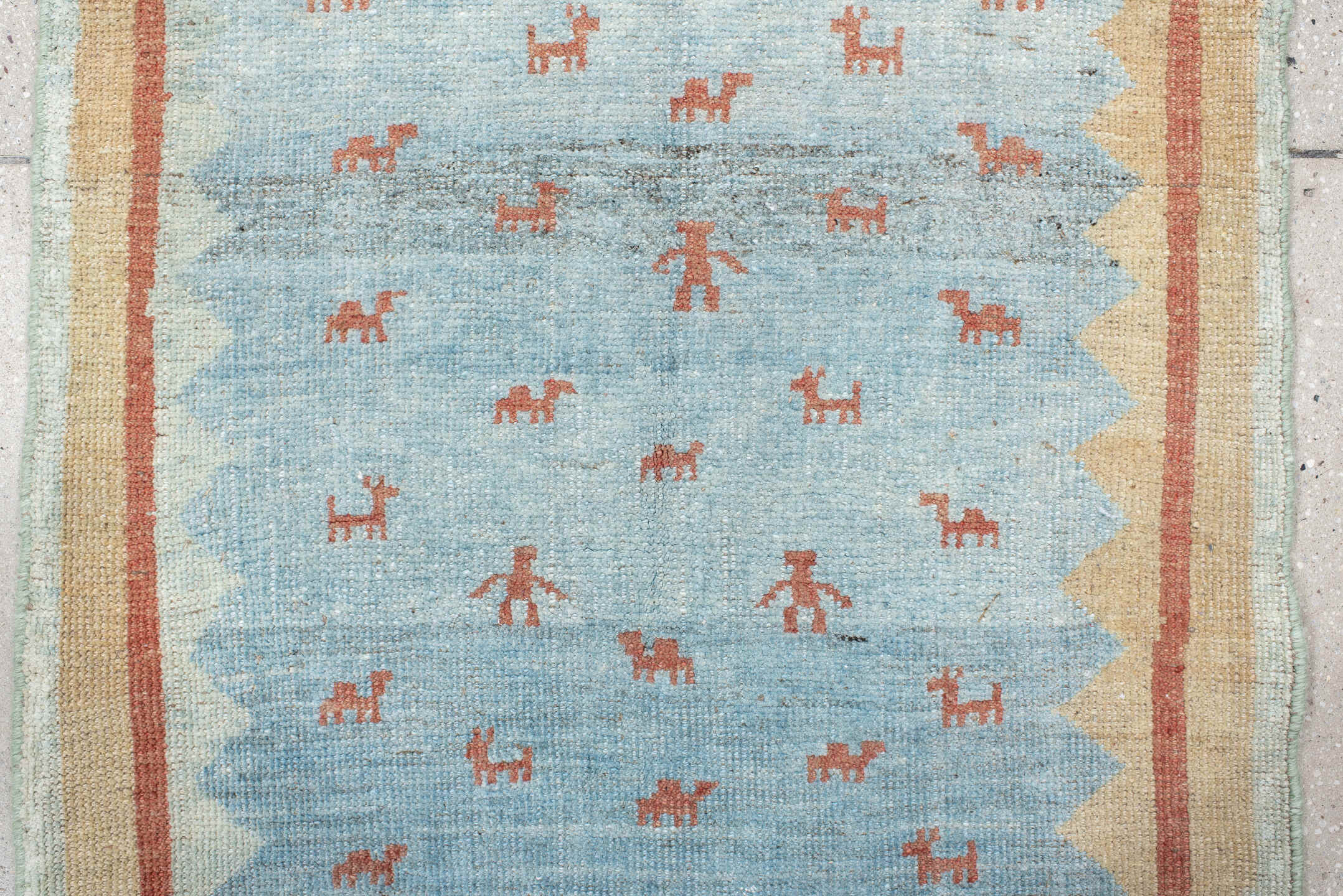 2' x 9' one-of-a-kind handmade antique Gabbe runner rug. Color palette: sky blue, ivory, rust, slate, camel, light blue
