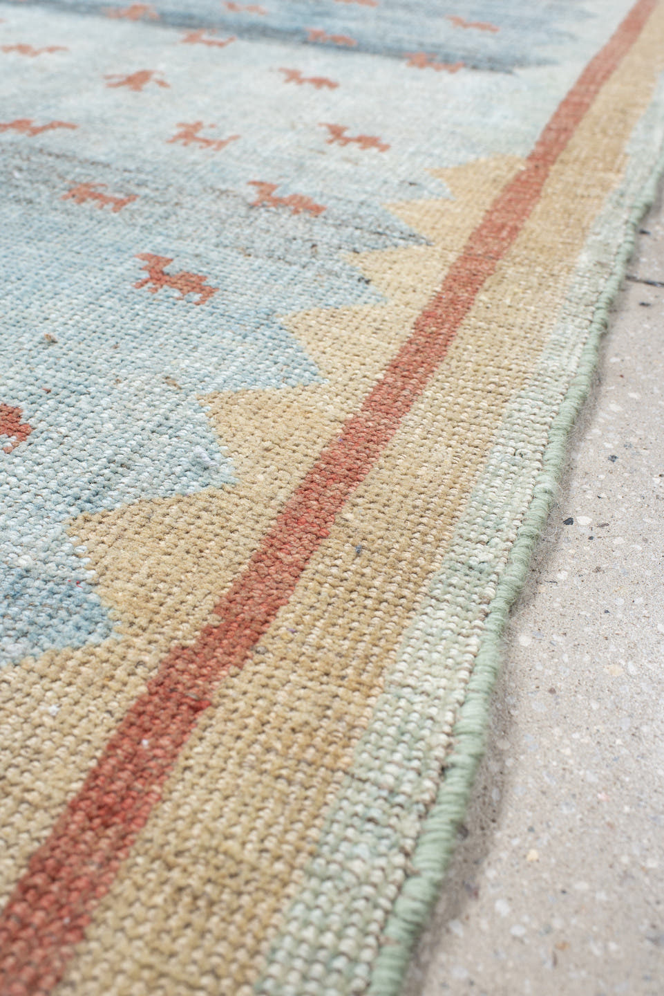 2' x 9' one-of-a-kind handmade antique Gabbe runner rug. Color palette: sky blue, ivory, rust, slate, camel, light blue
