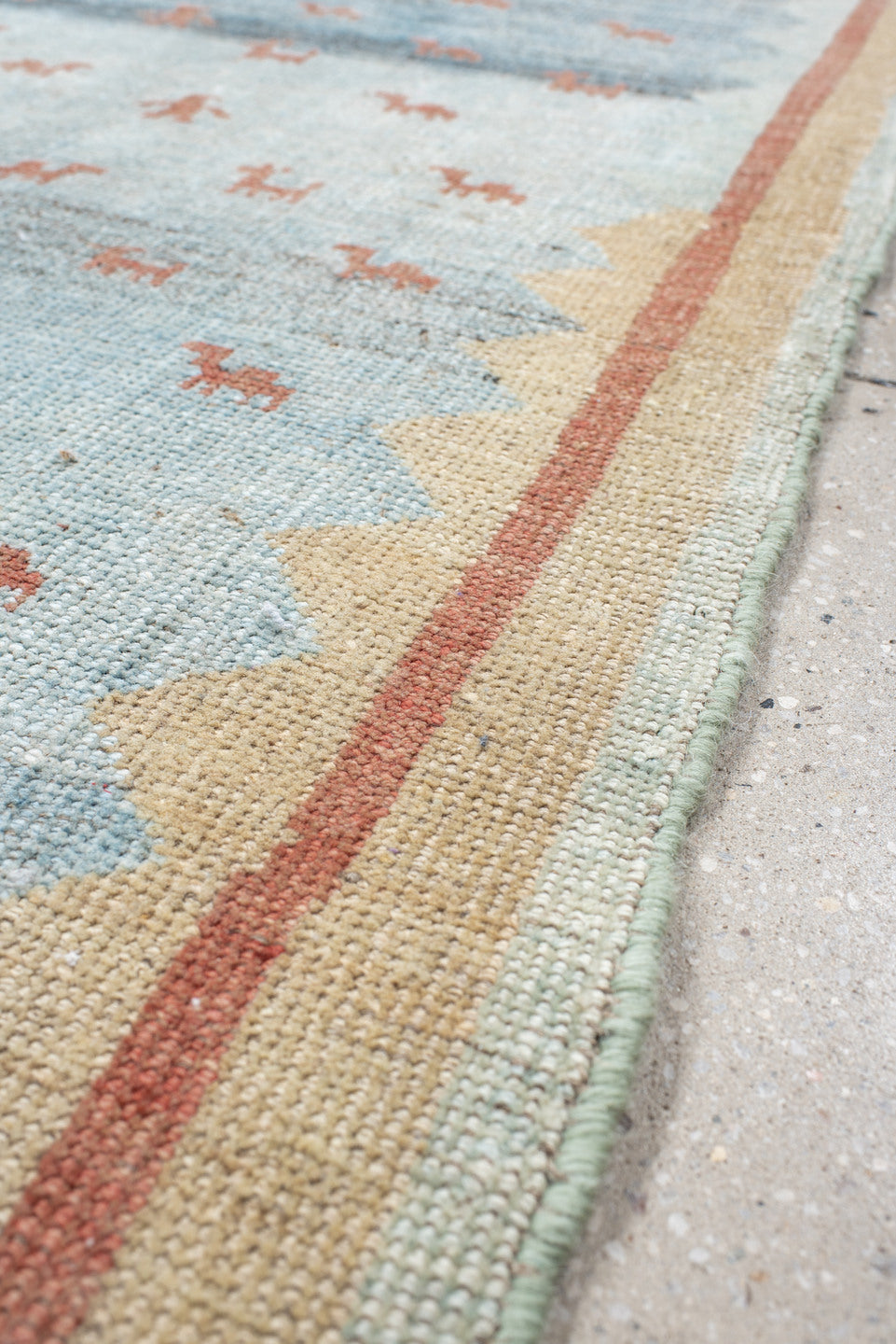 2' x 9' one-of-a-kind handmade antique Gabbe runner rug. Color palette: sky blue, ivory, rust, slate, camel, light blue