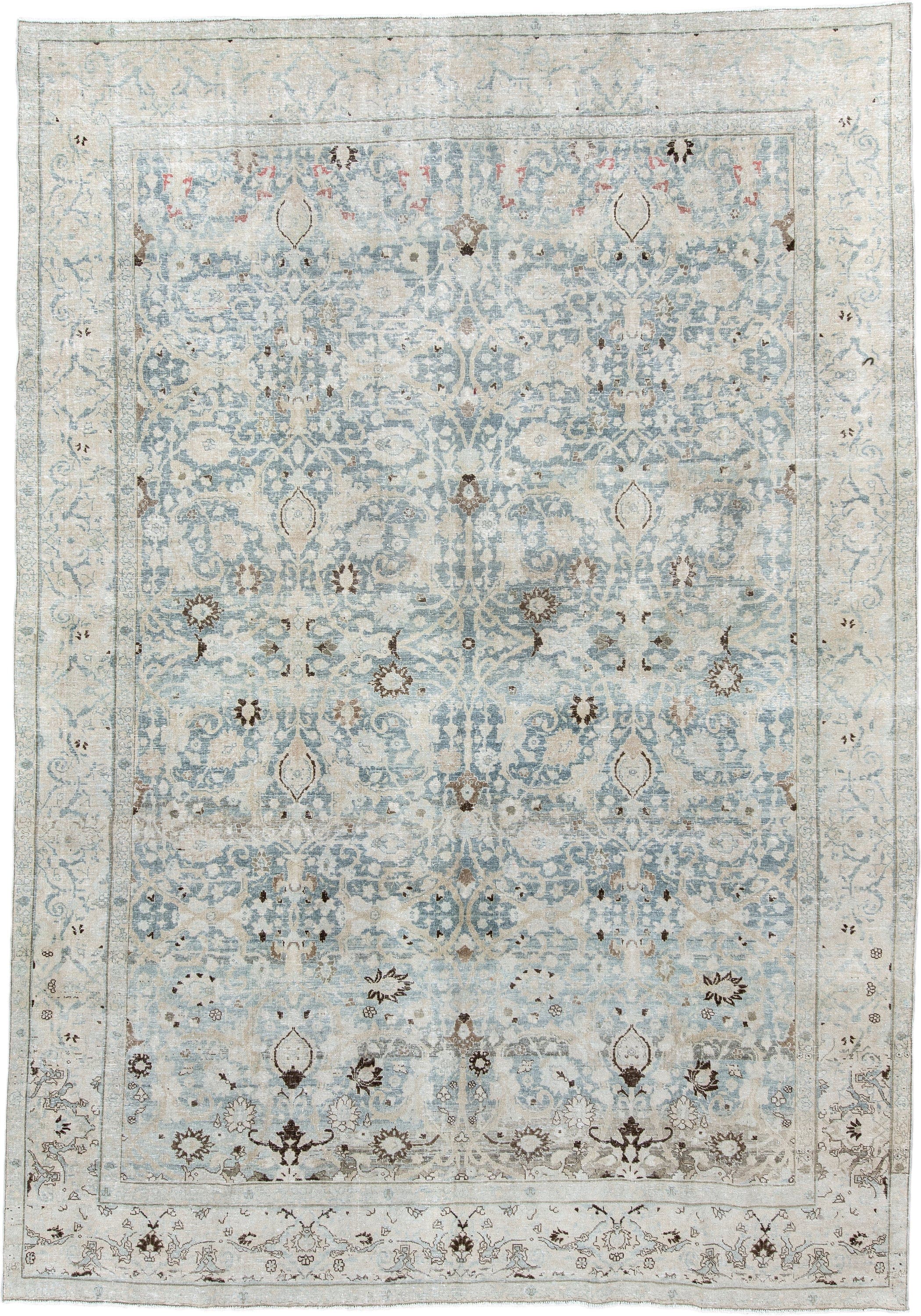 7' x 11' one-of-a-kind handmade antique Tabriz large size rug. Color palette: ivory, pale blue, taupe, slate, brown