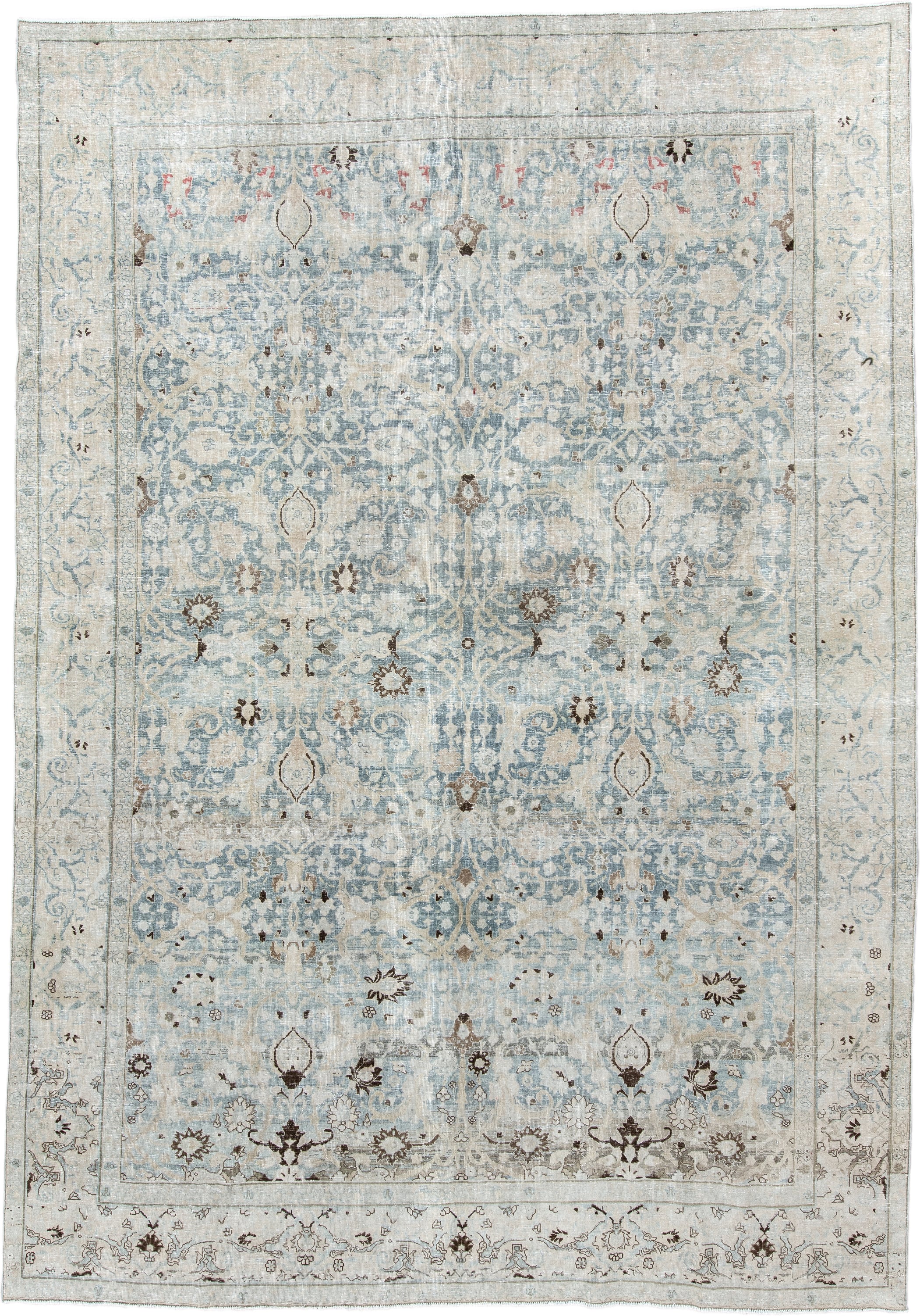 7' x 11' one-of-a-kind handmade antique Tabriz large size rug. Color palette: ivory, pale blue, taupe, slate, brown