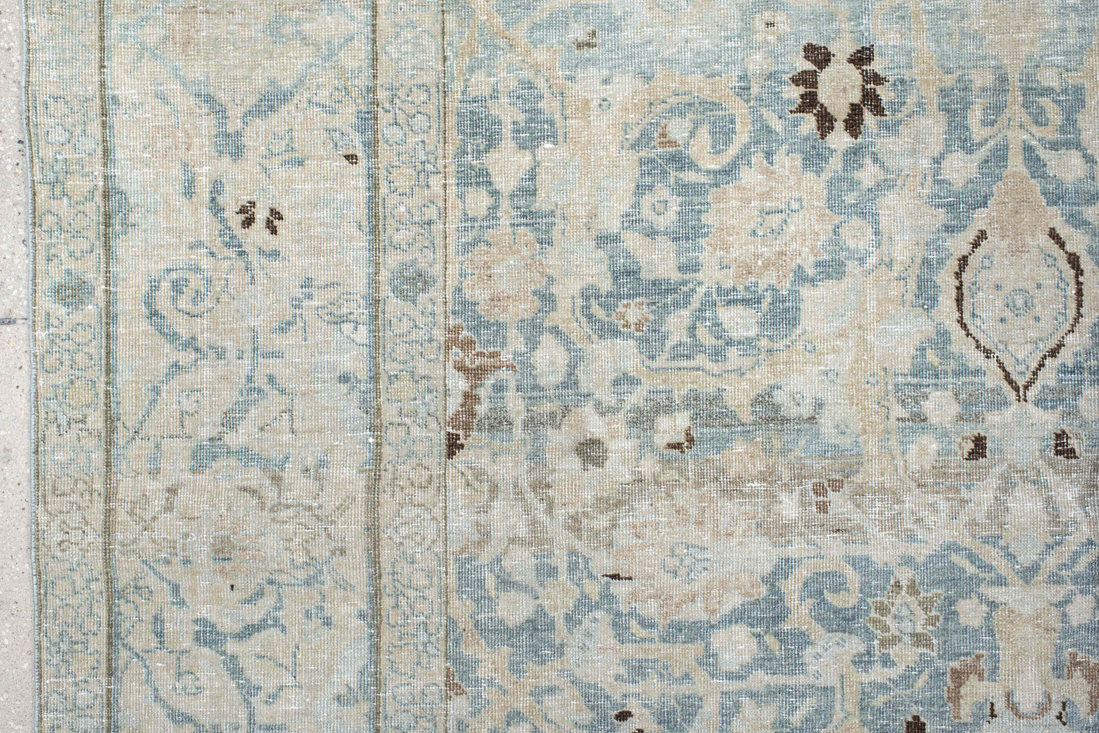 7' x 11' one-of-a-kind handmade antique Tabriz large size rug. Color palette: ivory, pale blue, taupe, slate, brown