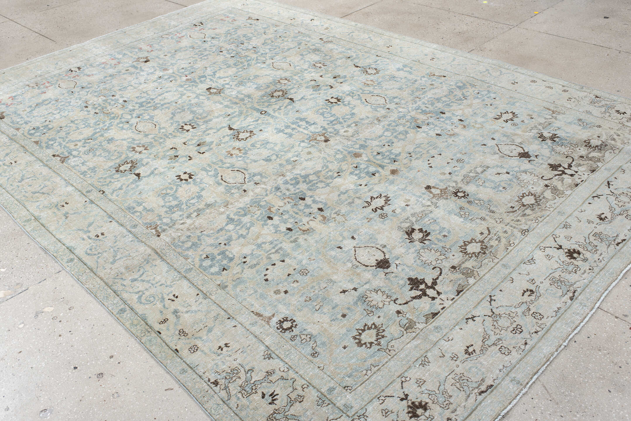 7' x 11' one-of-a-kind handmade antique Tabriz large size rug. Color palette: ivory, pale blue, taupe, slate, brown