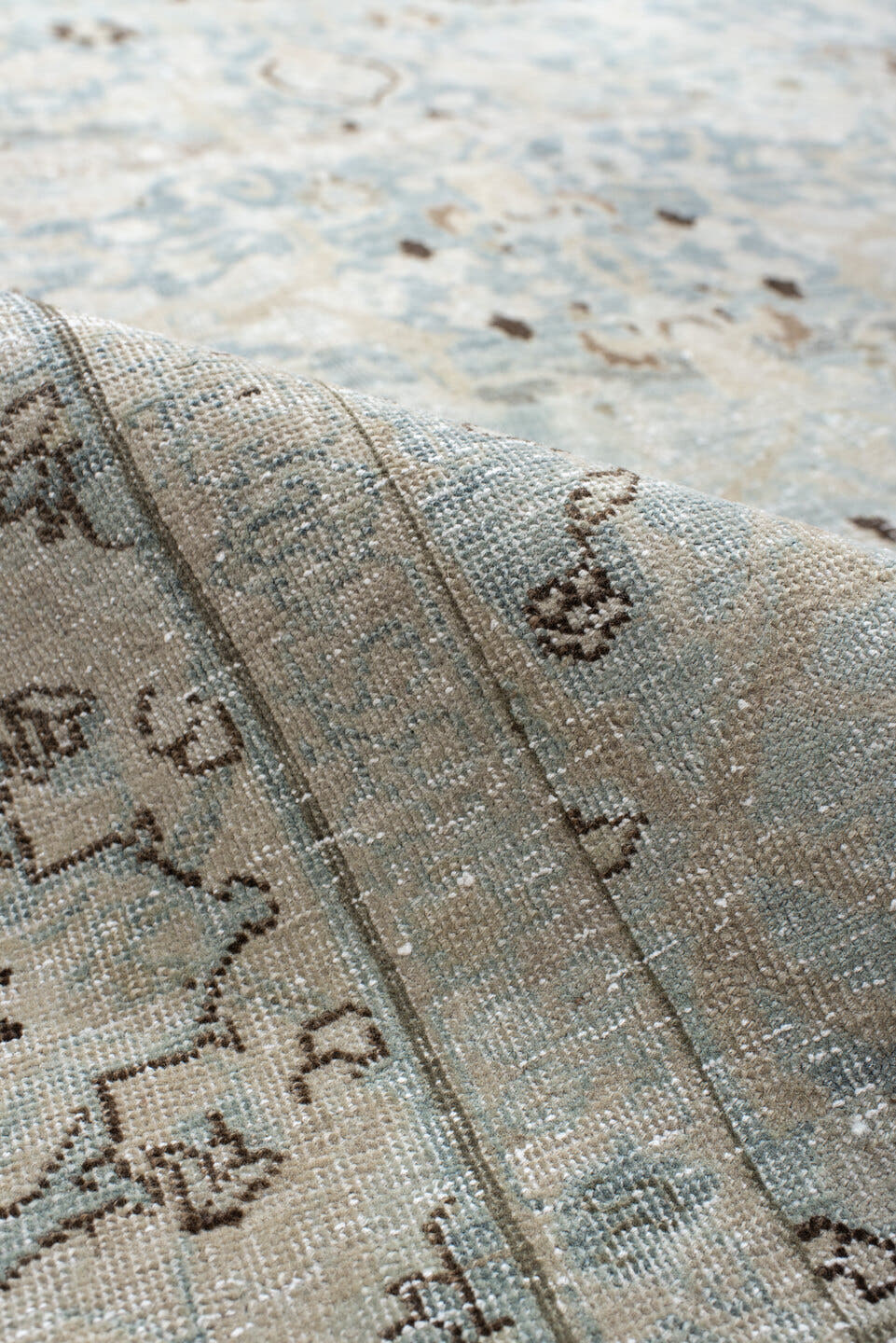7' x 11' one-of-a-kind handmade antique Tabriz large size rug. Color palette: ivory, pale blue, taupe, slate, brown