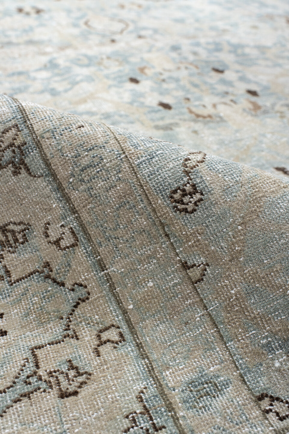 7' x 11' one-of-a-kind handmade antique Tabriz large size rug. Color palette: ivory, pale blue, taupe, slate, brown