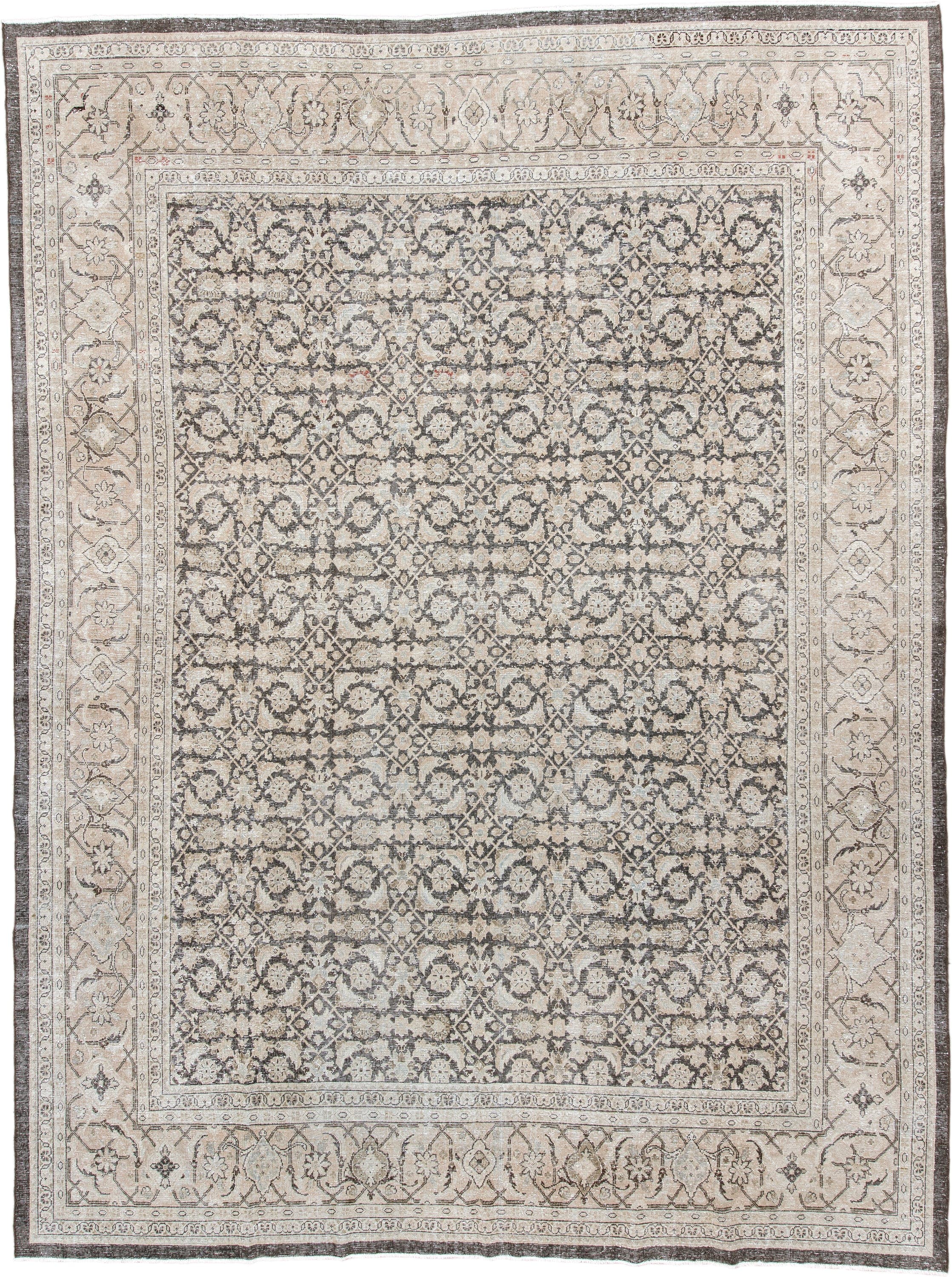 10' x 13' one-of-a-kind handmade antique Malayer large size rug. Color palette: ivory, taupe, charcoal, beige, blush, slate