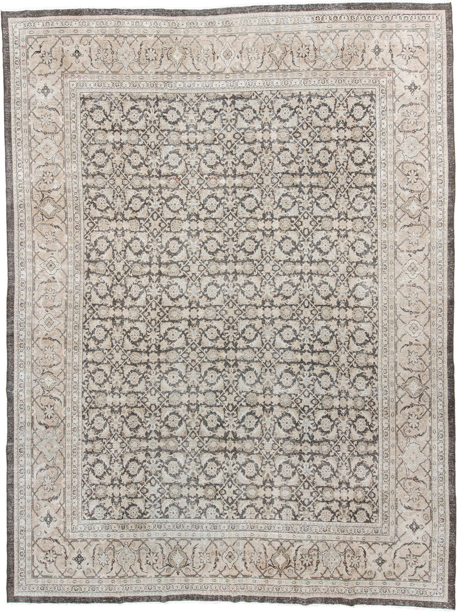 10' x 13' one-of-a-kind handmade antique Malayer large size rug. Color palette: ivory, taupe, charcoal, beige, blush, slate