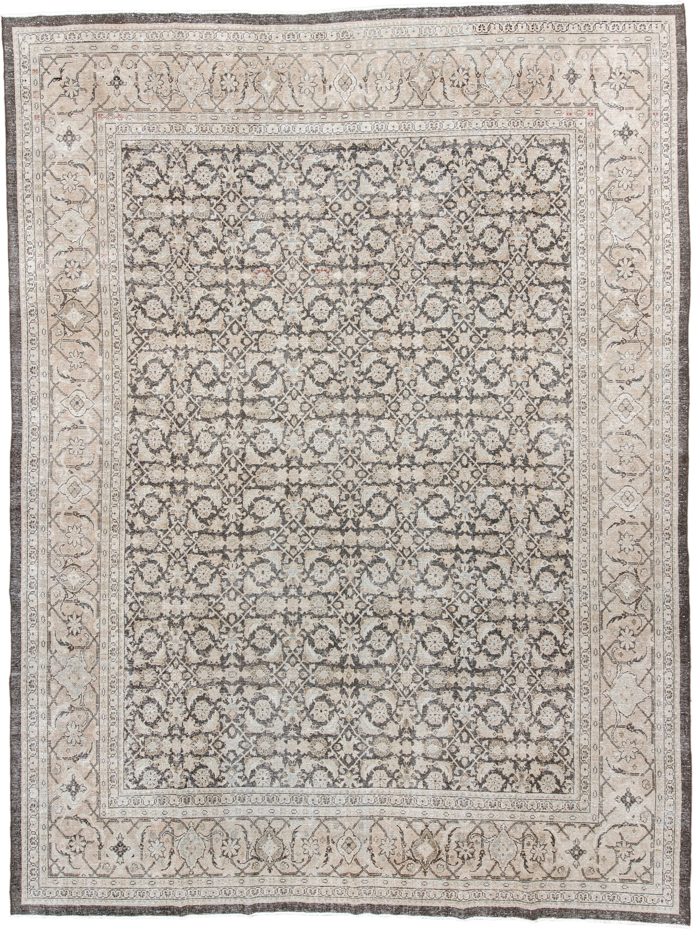 10' x 13' one-of-a-kind handmade antique Malayer large size rug. Color palette: ivory, taupe, charcoal, beige, blush, slate