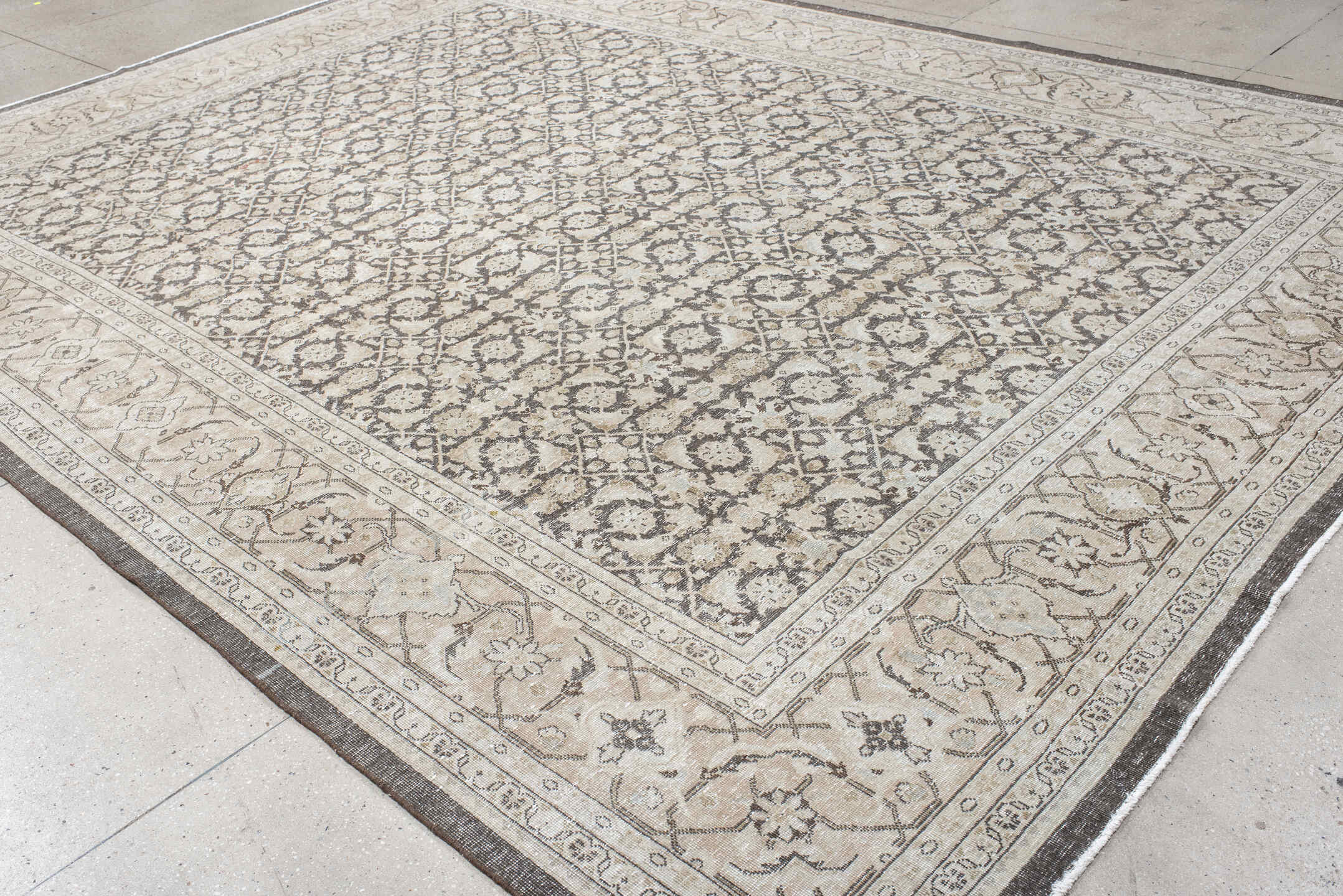 10' x 13' one-of-a-kind handmade antique Malayer large size rug. Color palette: ivory, taupe, charcoal, beige, blush, slate