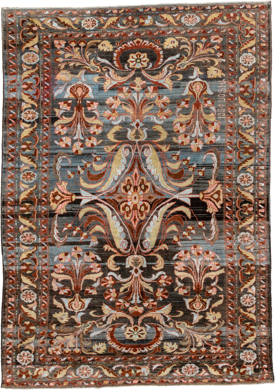 6' x 8' one-of-a-kind handmade antique Baktiary medium size rug. Color palette: charcoal, slate, rust, ivory, rose, camel