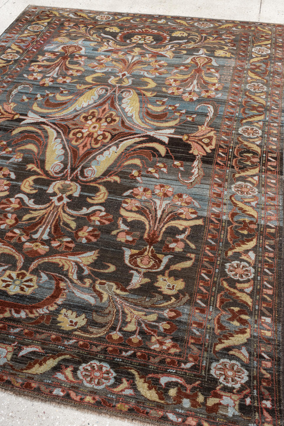 6' x 8' one-of-a-kind handmade antique Baktiary medium size rug. Color palette: charcoal, slate, rust, ivory, rose, camel