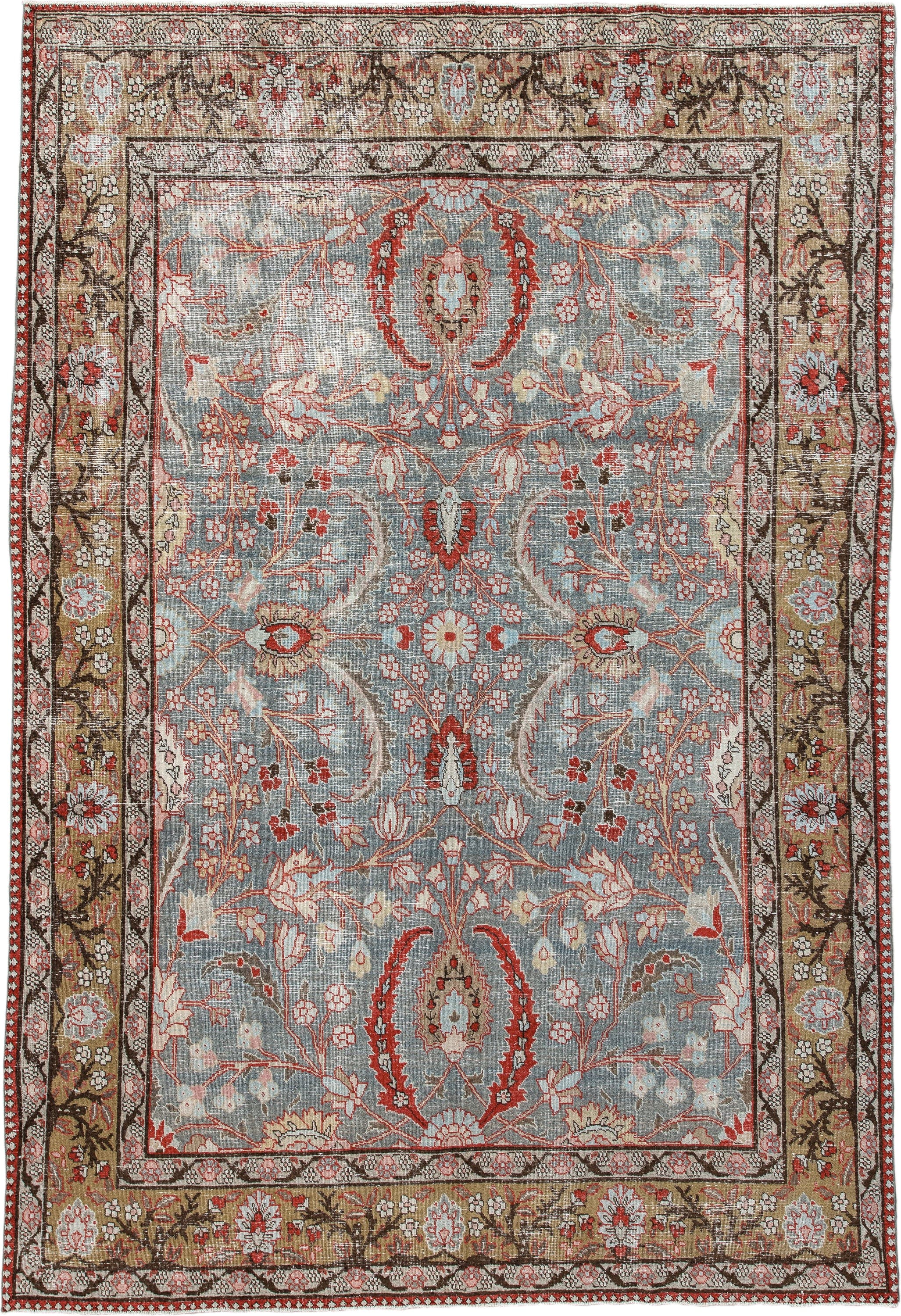 6' x 9' one-of-a-kind handmade antique Tabriz medium size rug. Color palette: light blue, camel, ivory, rust, brown, coral