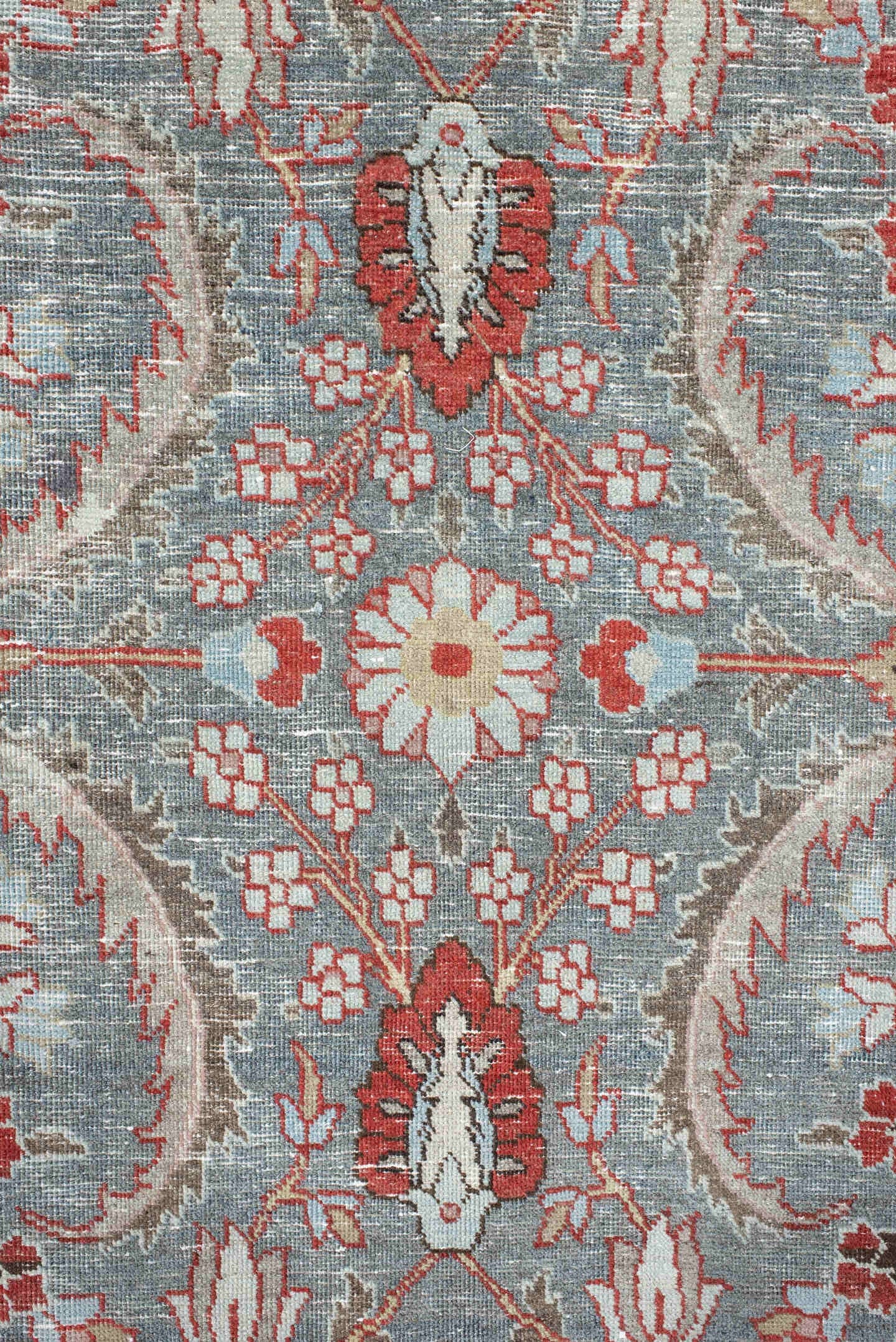 6' x 9' one-of-a-kind handmade antique Tabriz medium size rug. Color palette: light blue, camel, ivory, rust, brown, coral