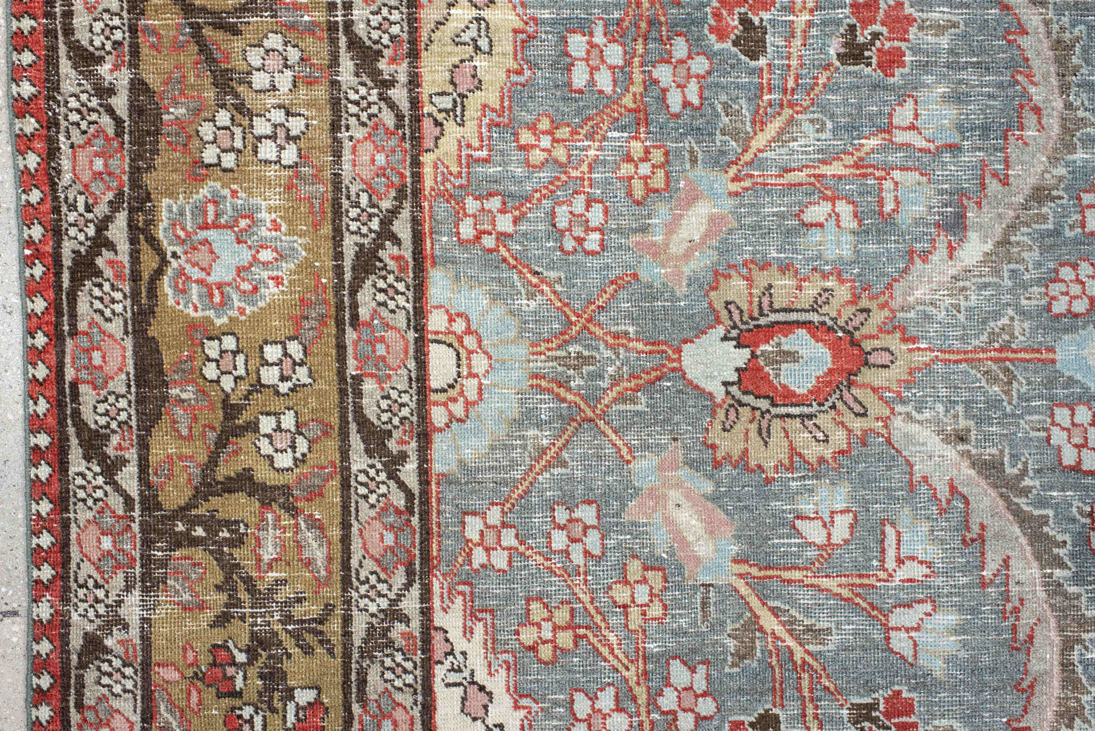6' x 9' one-of-a-kind handmade antique Tabriz medium size rug. Color palette: light blue, camel, ivory, rust, brown, coral