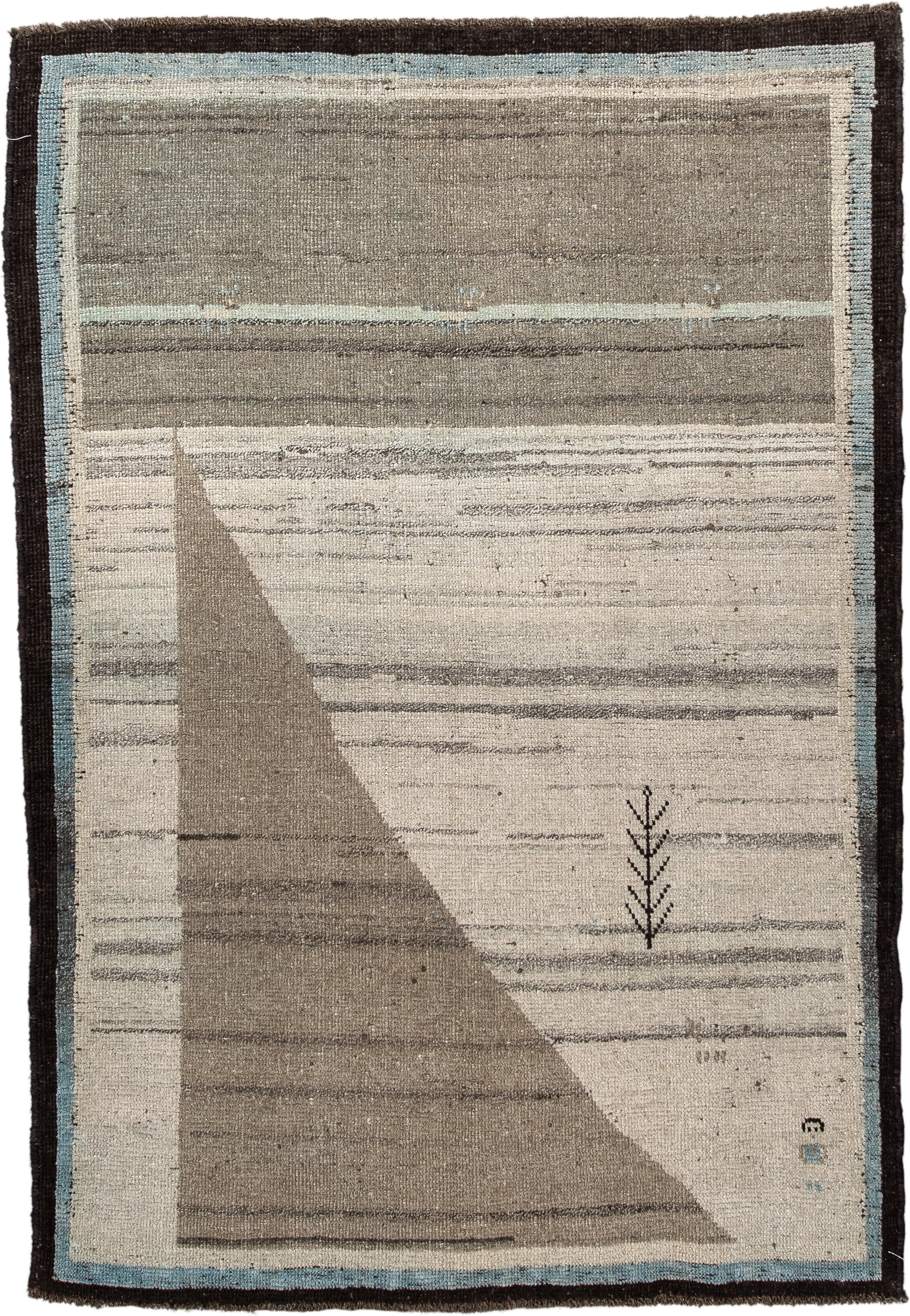 3' x 5' one-of-a-kind handmade vintage Gabbe small size rug. Color palette: taupe, ivory, charcoal, pale_blue, gray, beige