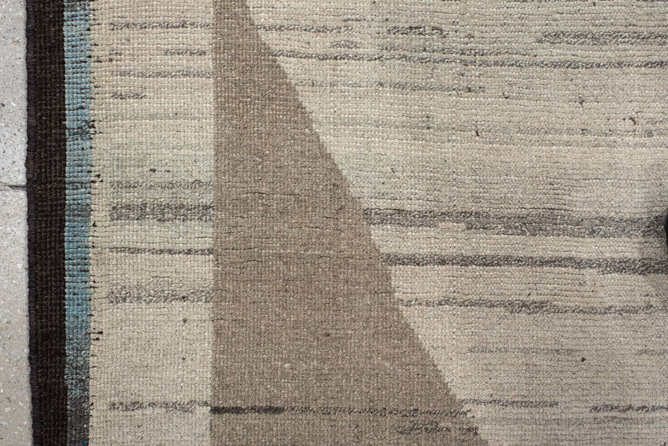 3' x 5' one-of-a-kind handmade vintage Gabbe small size rug. Color palette: taupe, ivory, charcoal, pale_blue, gray, beige