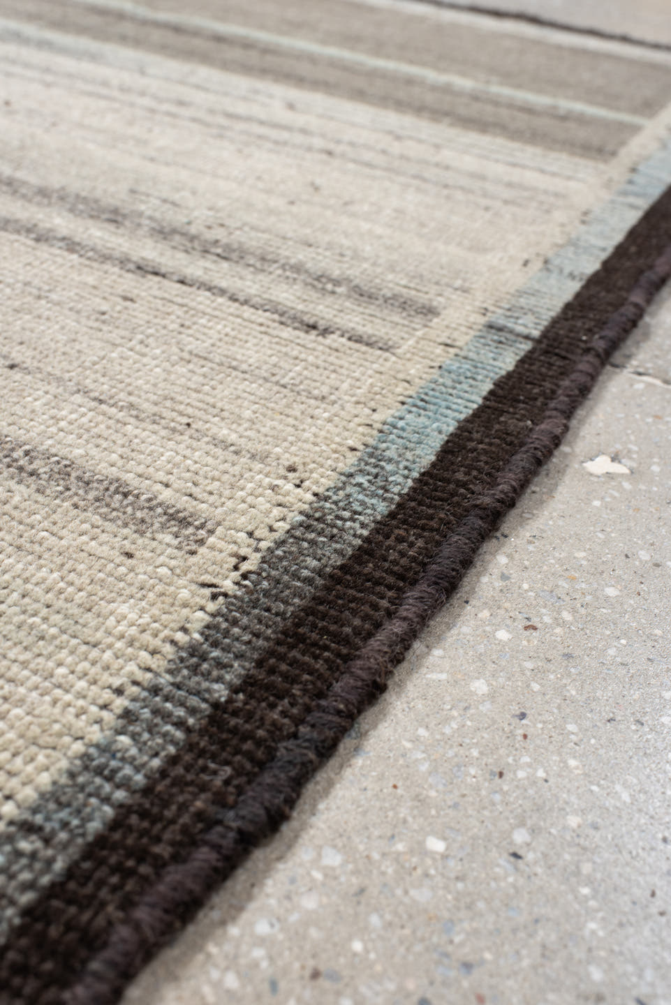 3' x 5' one-of-a-kind handmade vintage Gabbe small size rug. Color palette: taupe, ivory, charcoal, pale_blue, gray, beige