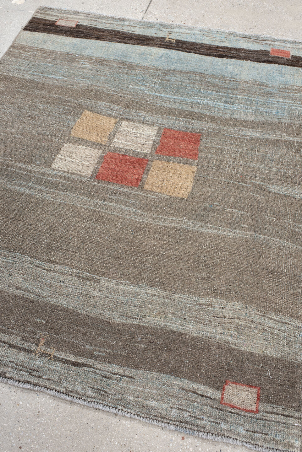 4' x 5' one-of-a-kind handmade antique Gabbe small size rug. Color palette: taupe, sky blue, charcoal, rust, ivory, camel