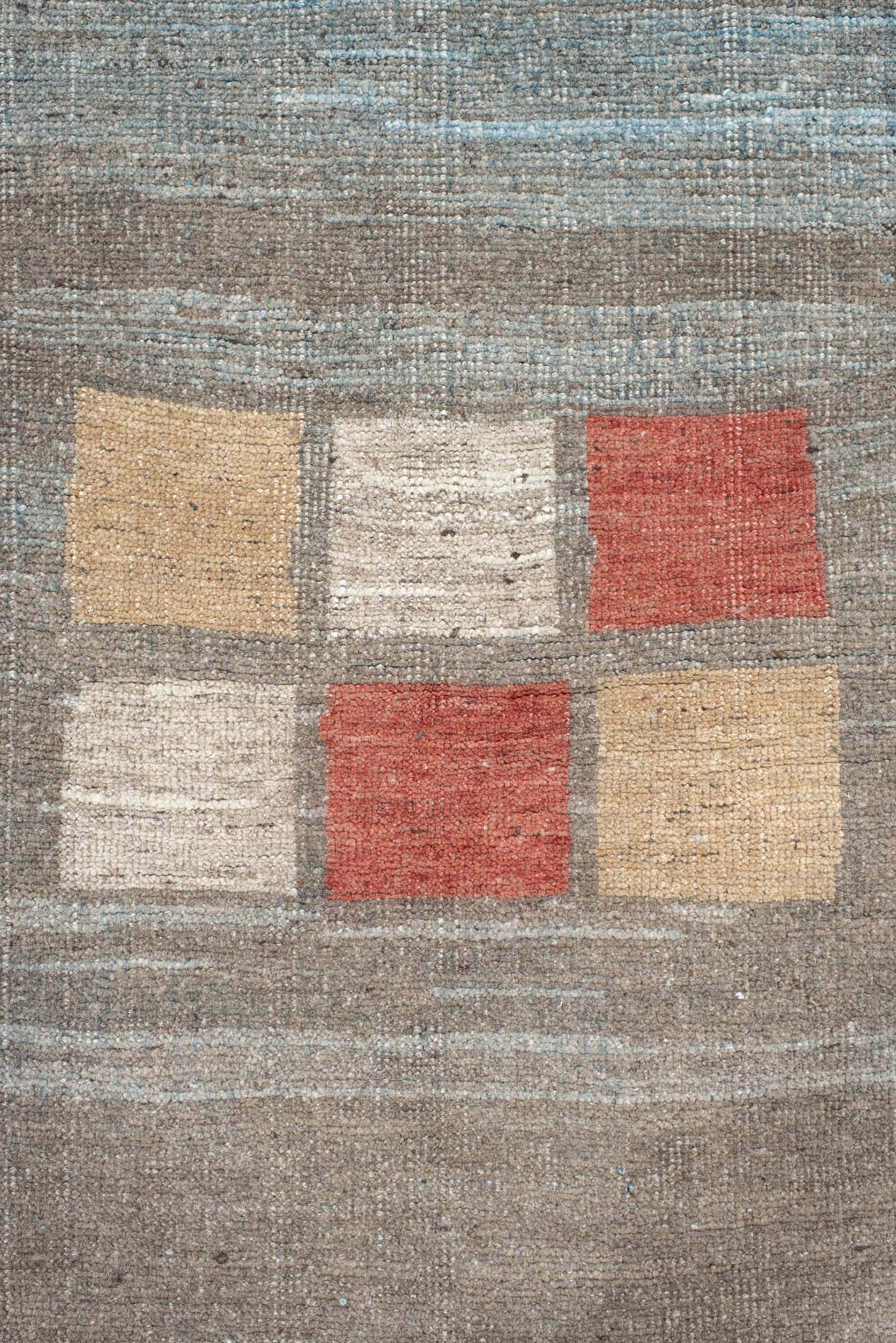 4' x 5' one-of-a-kind handmade antique Gabbe small size rug. Color palette: taupe, sky blue, charcoal, rust, ivory, camel