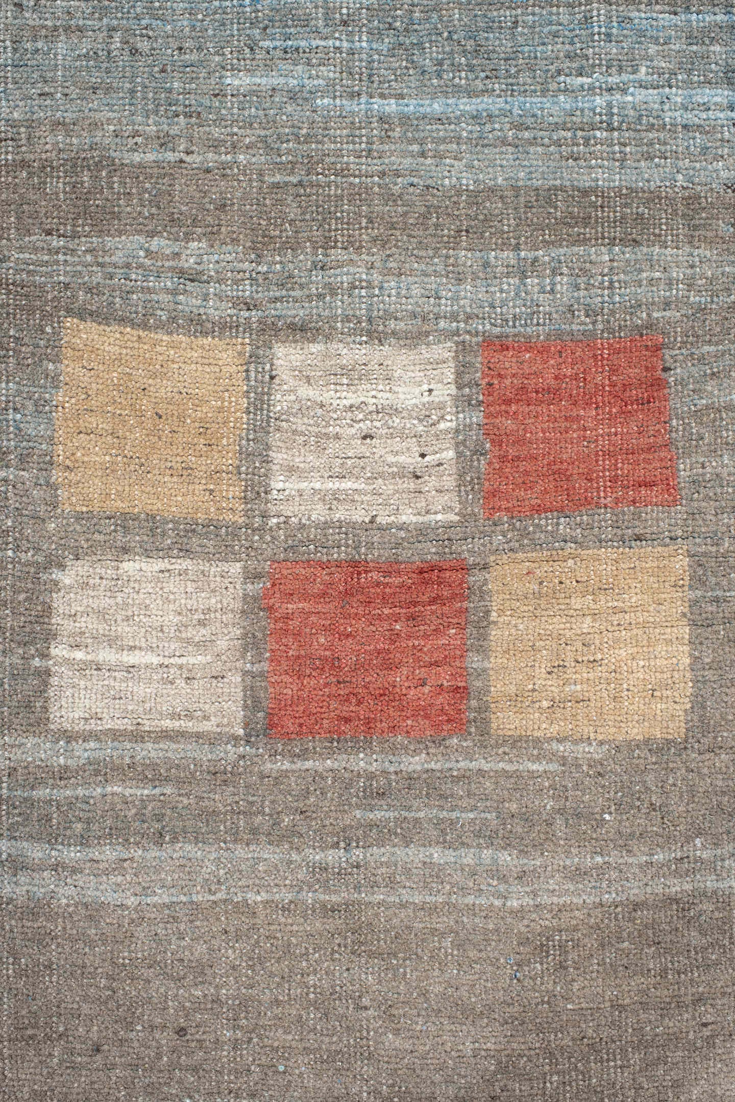 4' x 5' one-of-a-kind handmade antique Gabbe small size rug. Color palette: taupe, sky blue, charcoal, rust, ivory, camel