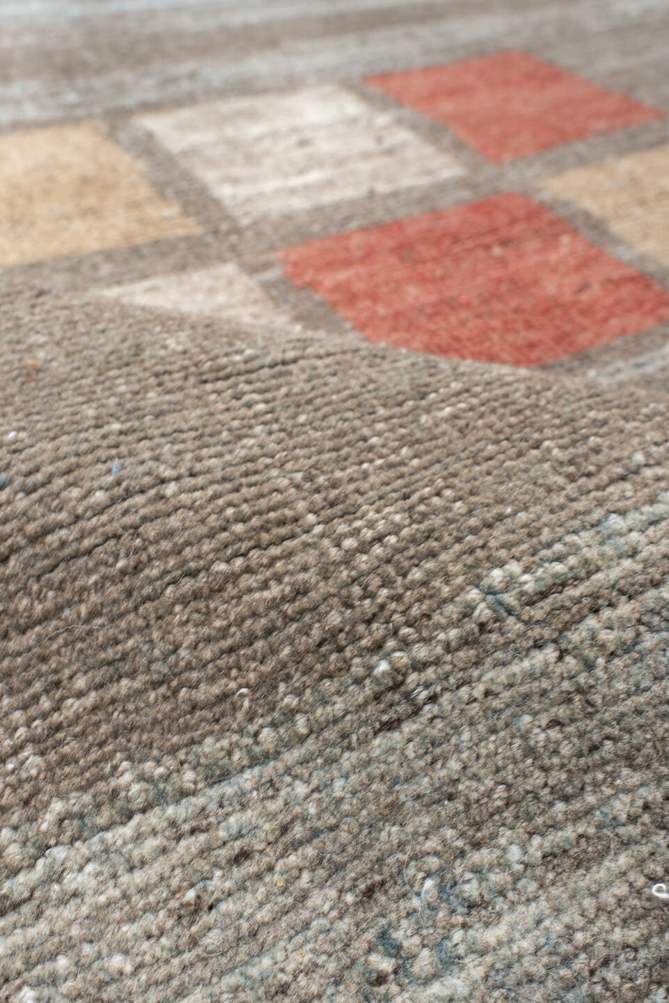 4' x 5' one-of-a-kind handmade antique Gabbe small size rug. Color palette: taupe, sky blue, charcoal, rust, ivory, camel