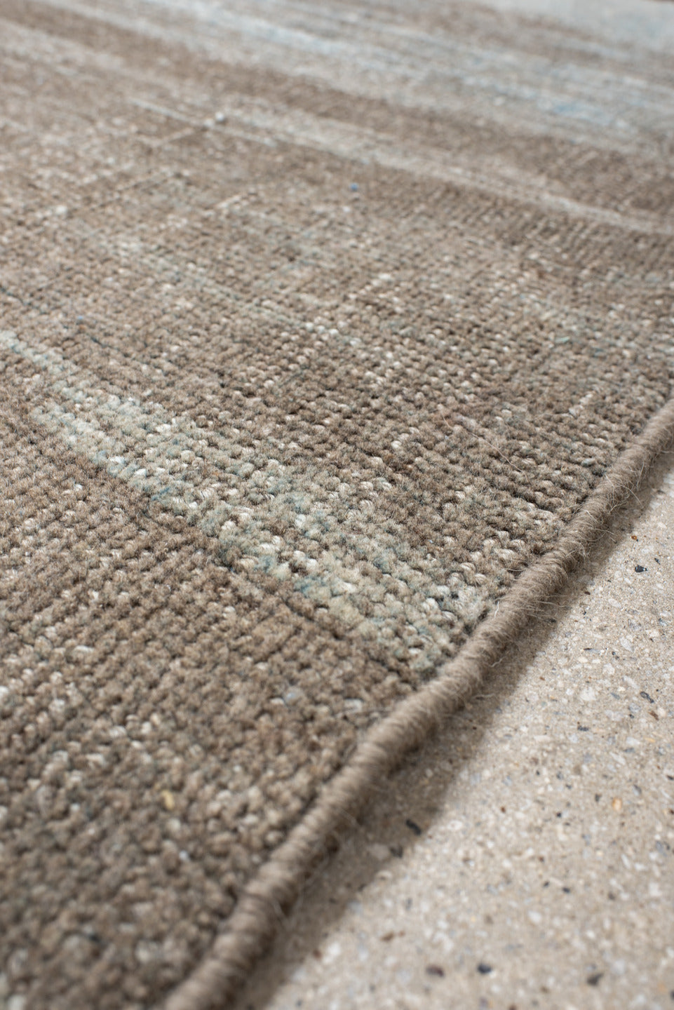 4' x 5' one-of-a-kind handmade antique Gabbe small size rug. Color palette: taupe, sky blue, charcoal, rust, ivory, camel