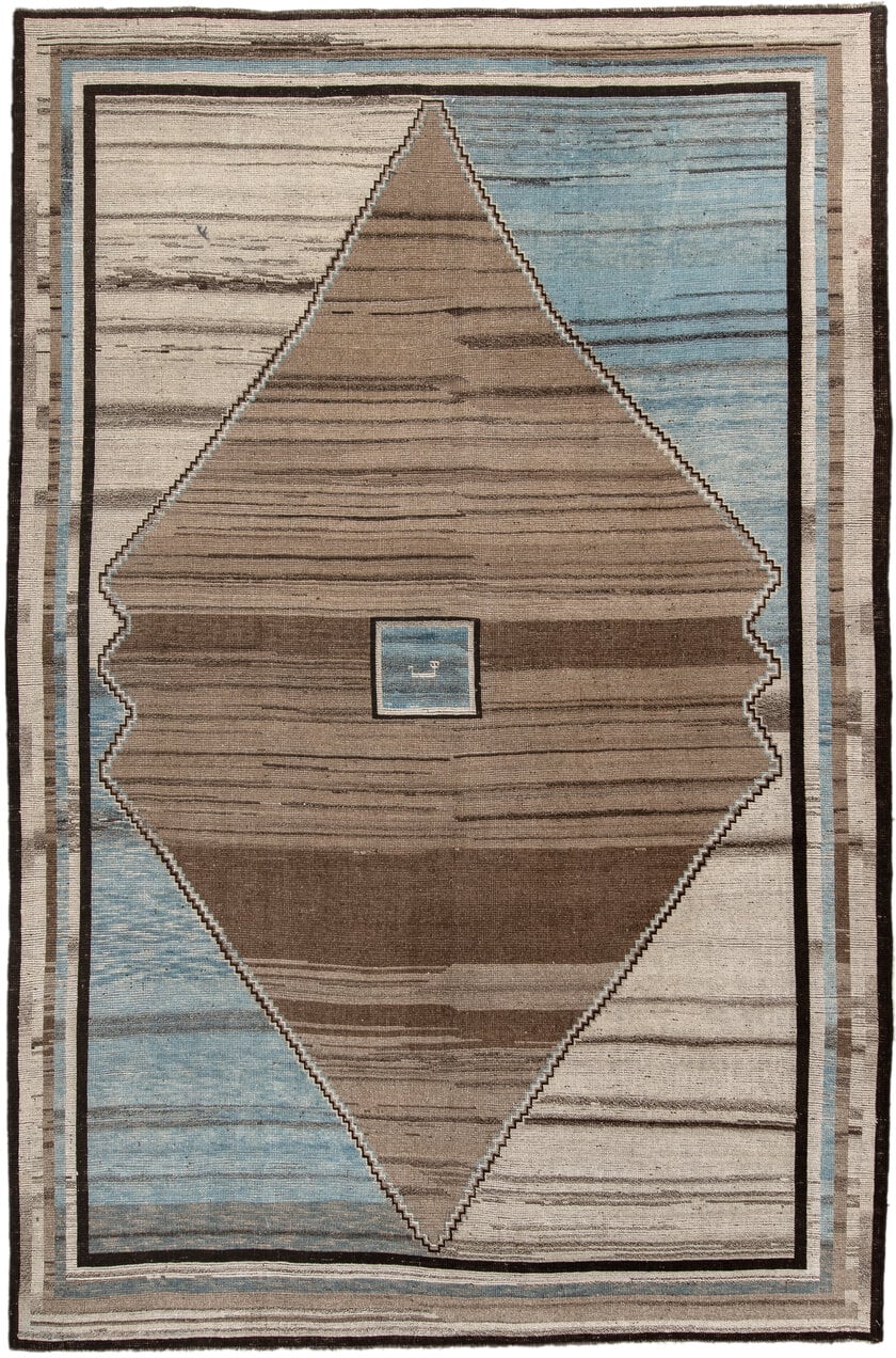 7' x 11' one-of-a-kind handmade vintage Gabbe large size rug. Color palette: taupe, ivory, sky blue, brown, charcoal, beige