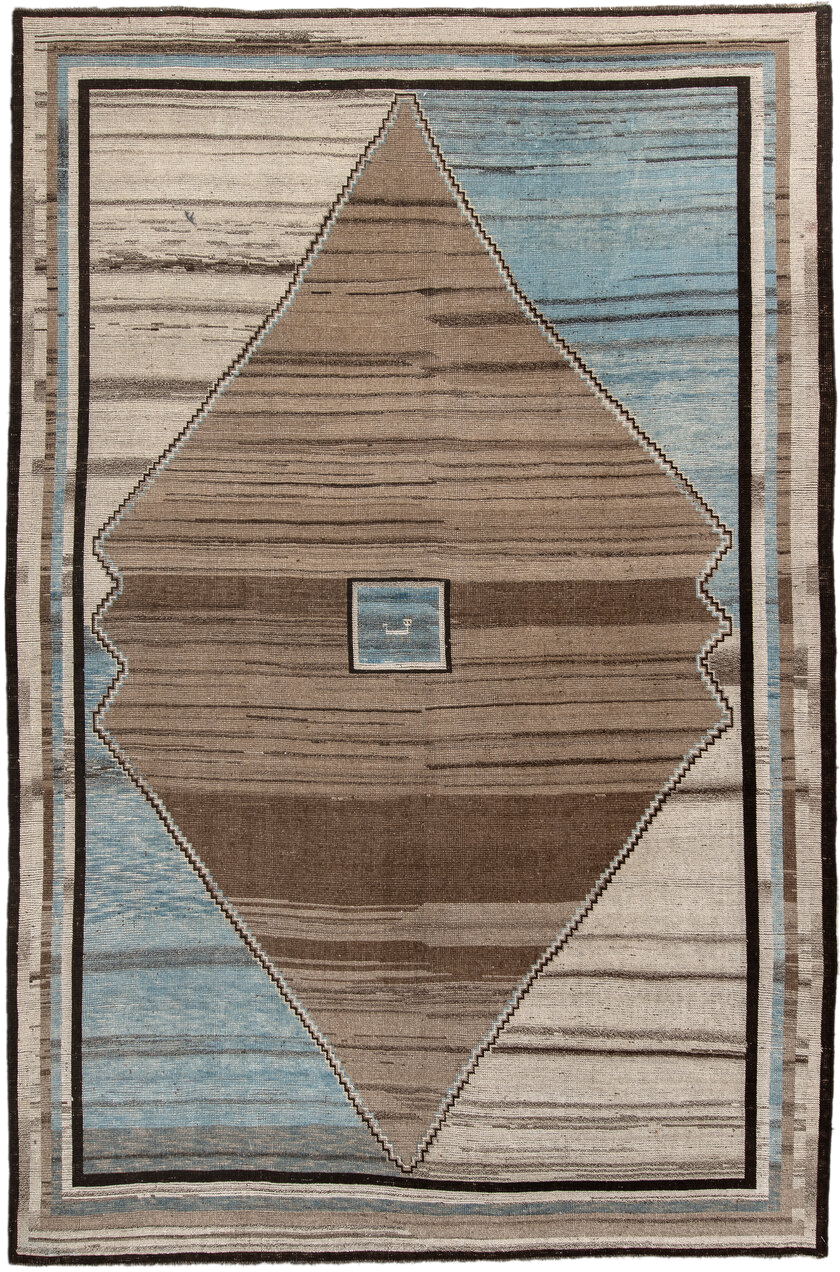 7' x 11' one-of-a-kind handmade vintage Gabbe large size rug. Color palette: taupe, ivory, sky blue, brown, charcoal, beige