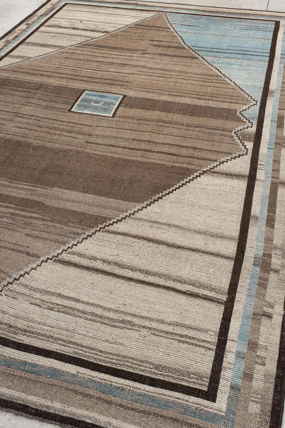 7' x 11' one-of-a-kind handmade vintage Gabbe large size rug. Color palette: taupe, ivory, sky blue, brown, charcoal, beige