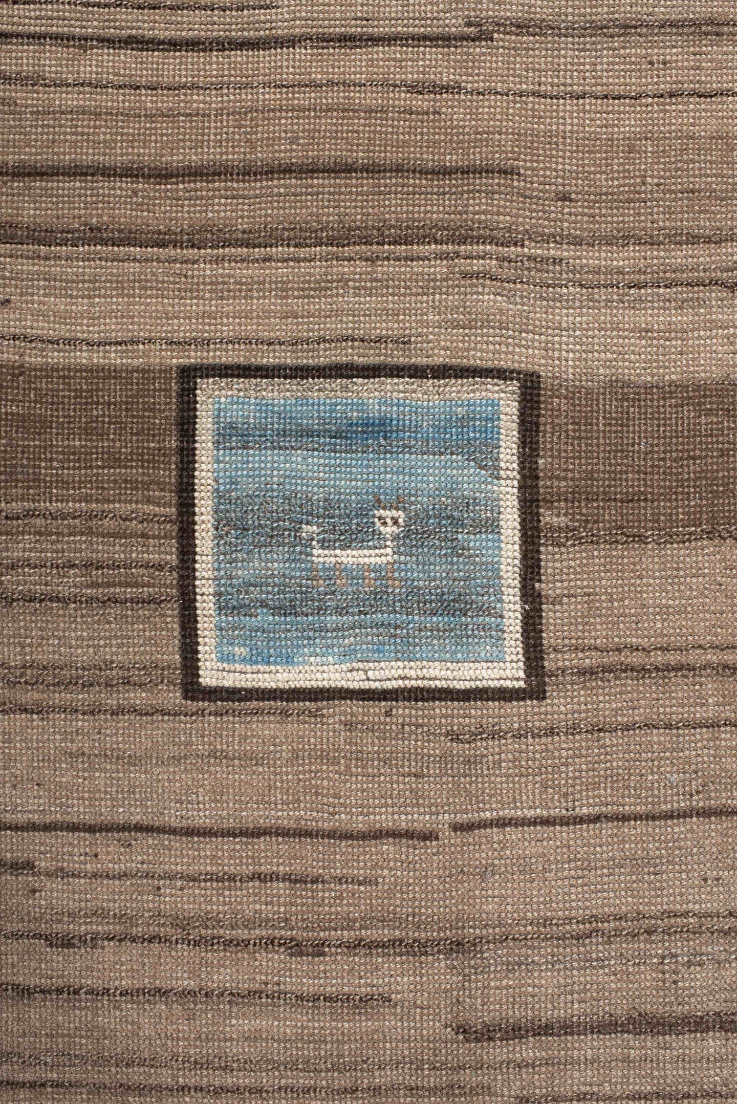 7' x 11' one-of-a-kind handmade vintage Gabbe large size rug. Color palette: taupe, ivory, sky blue, brown, charcoal, beige