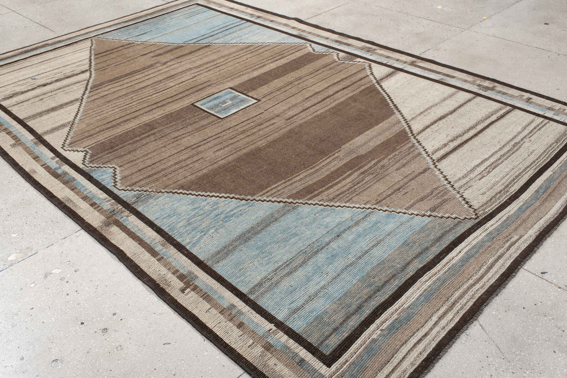 7' x 11' one-of-a-kind handmade vintage Gabbe large size rug. Color palette: taupe, ivory, sky blue, brown, charcoal, beige