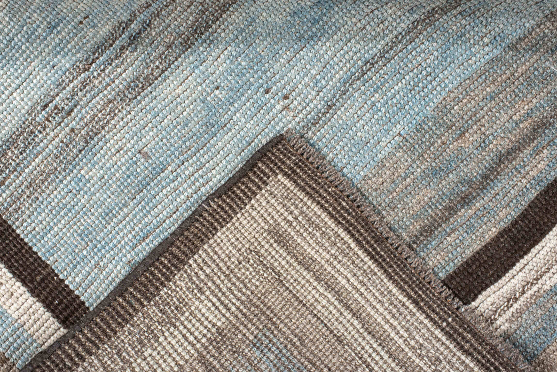 7' x 11' one-of-a-kind handmade vintage Gabbe large size rug. Color palette: taupe, ivory, sky blue, brown, charcoal, beige
