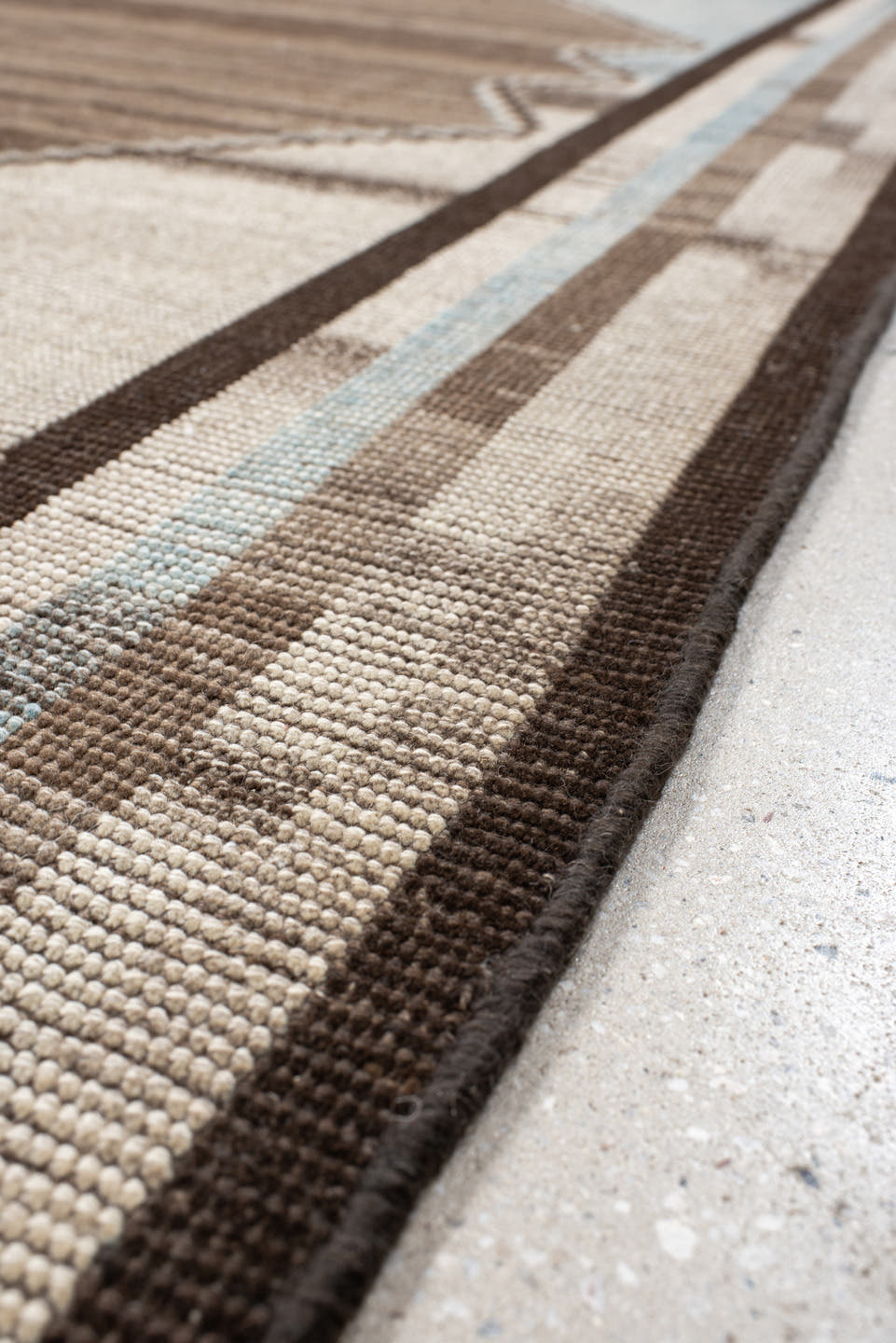 7' x 11' one-of-a-kind handmade vintage Gabbe large size rug. Color palette: taupe, ivory, sky blue, brown, charcoal, beige