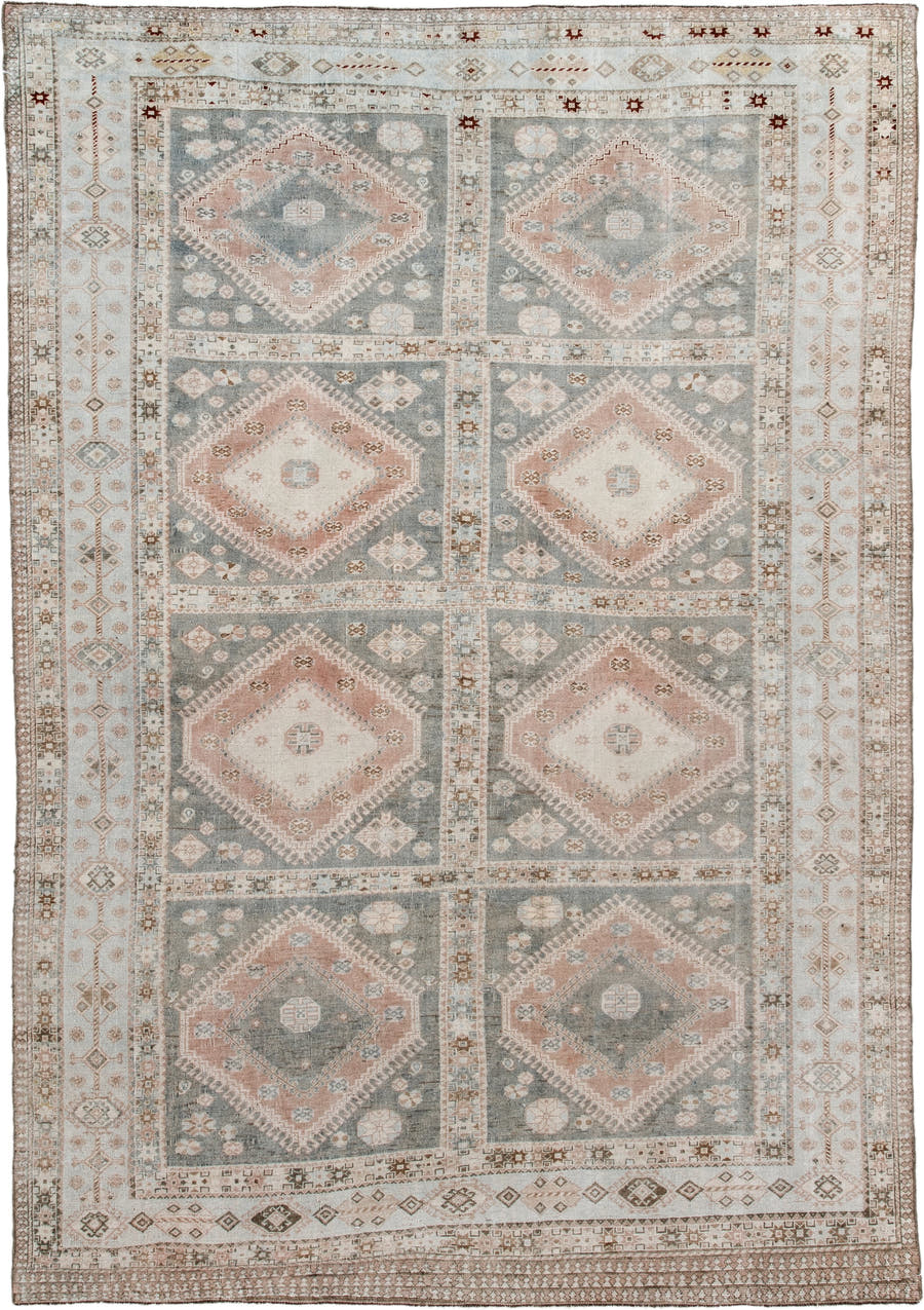 6' x 9' one-of-a-kind handmade antique Shiraz medium size rug. Color palette: ivory, blue_gray, blush, taupe, camel, rust