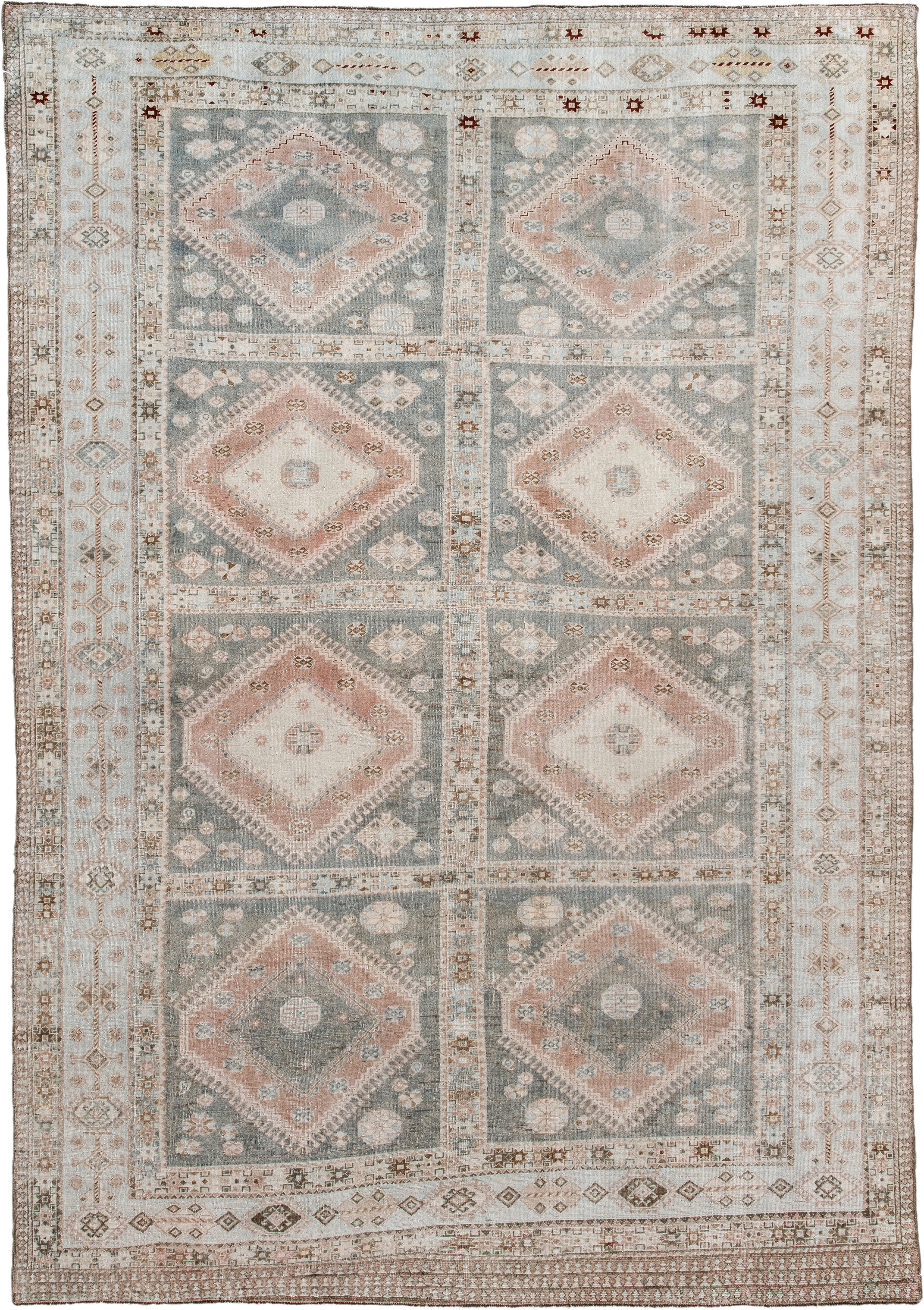 6' x 9' one-of-a-kind handmade antique Shiraz medium size rug. Color palette: ivory, blue_gray, blush, taupe, camel, rust
