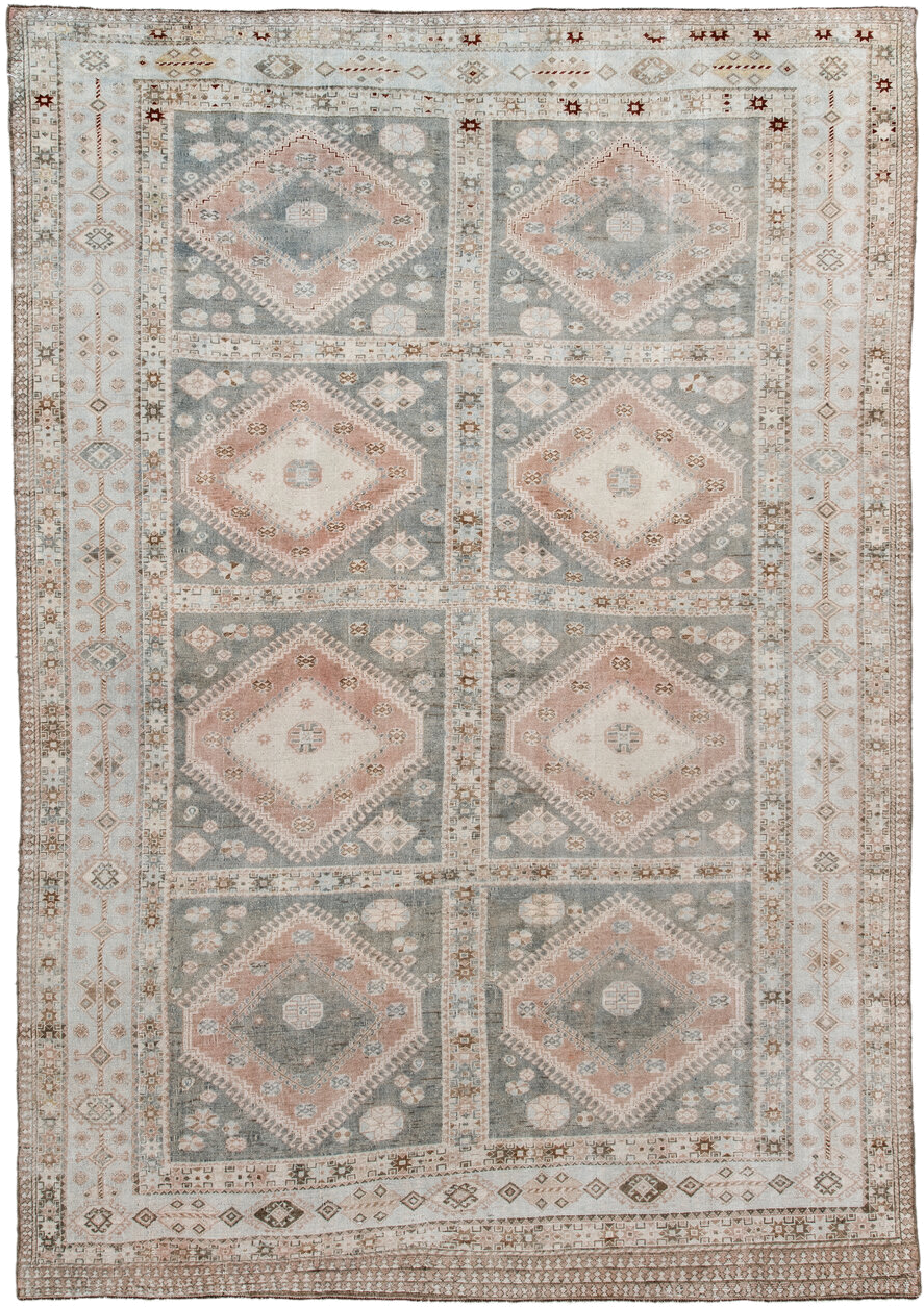 6' x 9' one-of-a-kind handmade antique Shiraz medium size rug. Color palette: ivory, blue_gray, blush, taupe, camel, rust