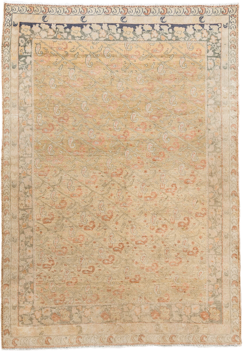 3' x 5' one-of-a-kind handmade vintage Sivas small size rug. Color palette: ivory, beige, sage, coral, taupe, peach, gray