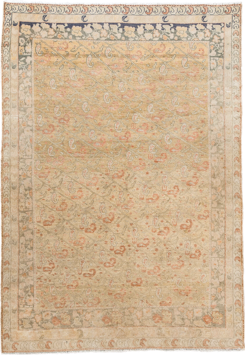3' x 5' one-of-a-kind handmade vintage Sivas small size rug. Color palette: bisque, brown, dim gray, gray, off-white, orange