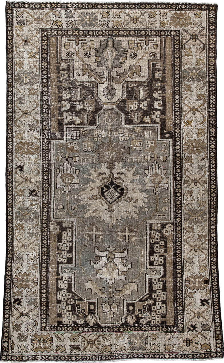 3' x 6' one-of-a-kind handmade vintage Hamadan small size rug. Color palette: ivory, taupe, charcoal, brown, sage, camel