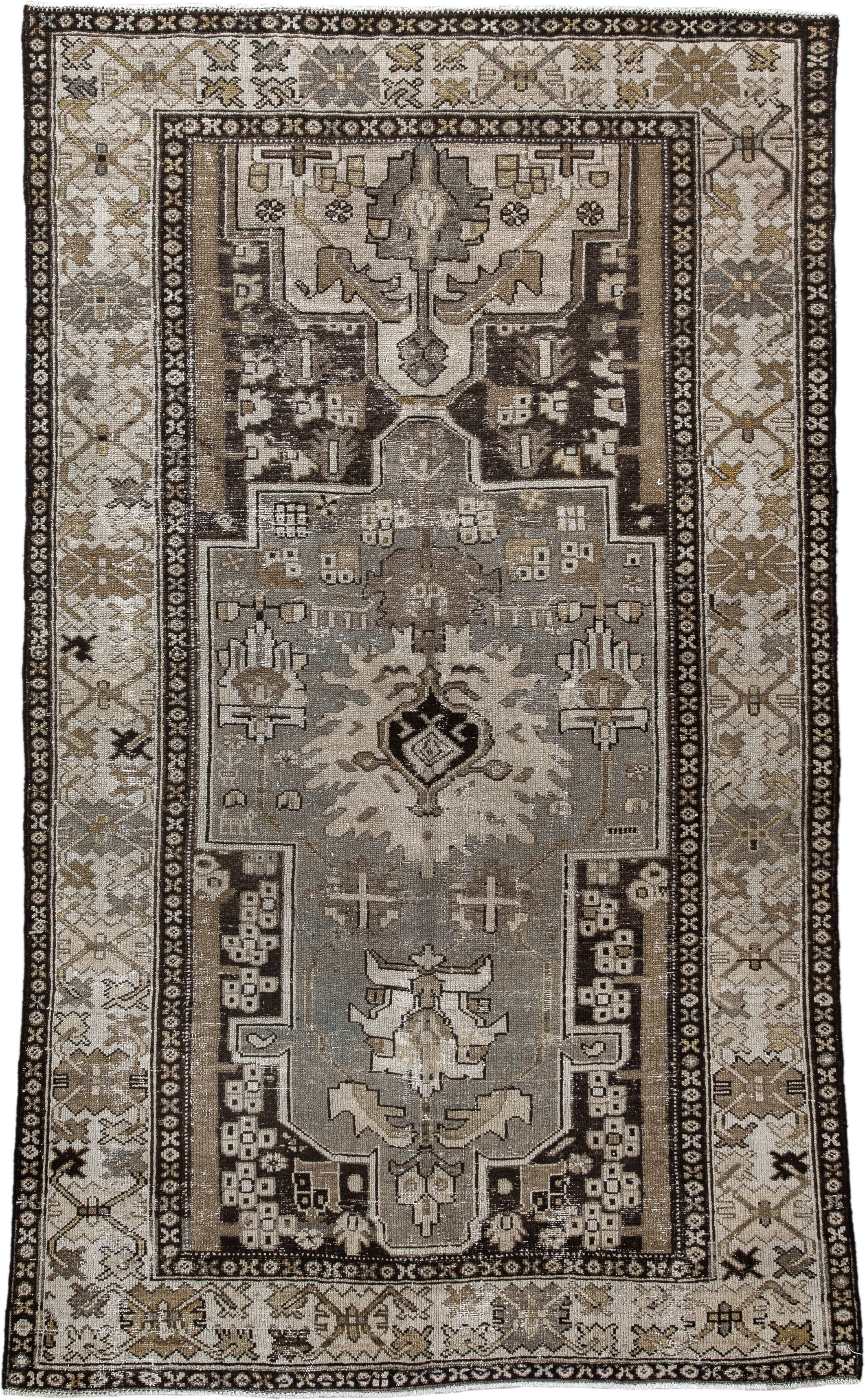 3' x 6' one-of-a-kind handmade vintage Hamadan small size rug. Color palette: ivory, taupe, charcoal, brown, sage, camel