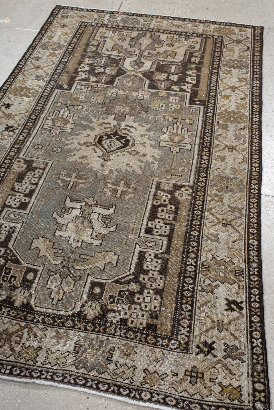 3' x 6' one-of-a-kind handmade vintage Hamadan small size rug. Color palette: ivory, taupe, charcoal, brown, sage, camel