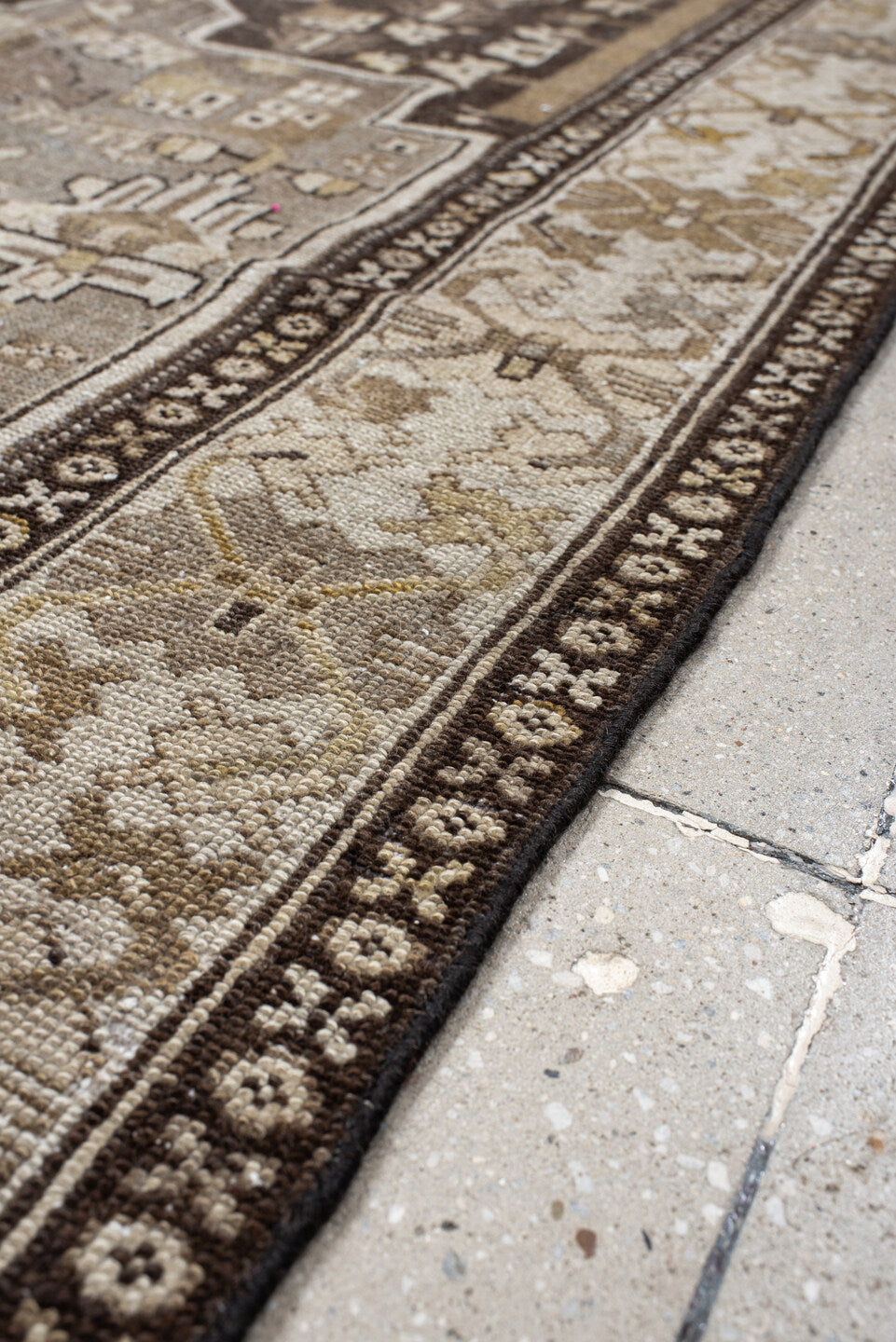 3' x 6' one-of-a-kind handmade vintage Hamadan small size rug. Color palette: ivory, taupe, charcoal, brown, sage, camel