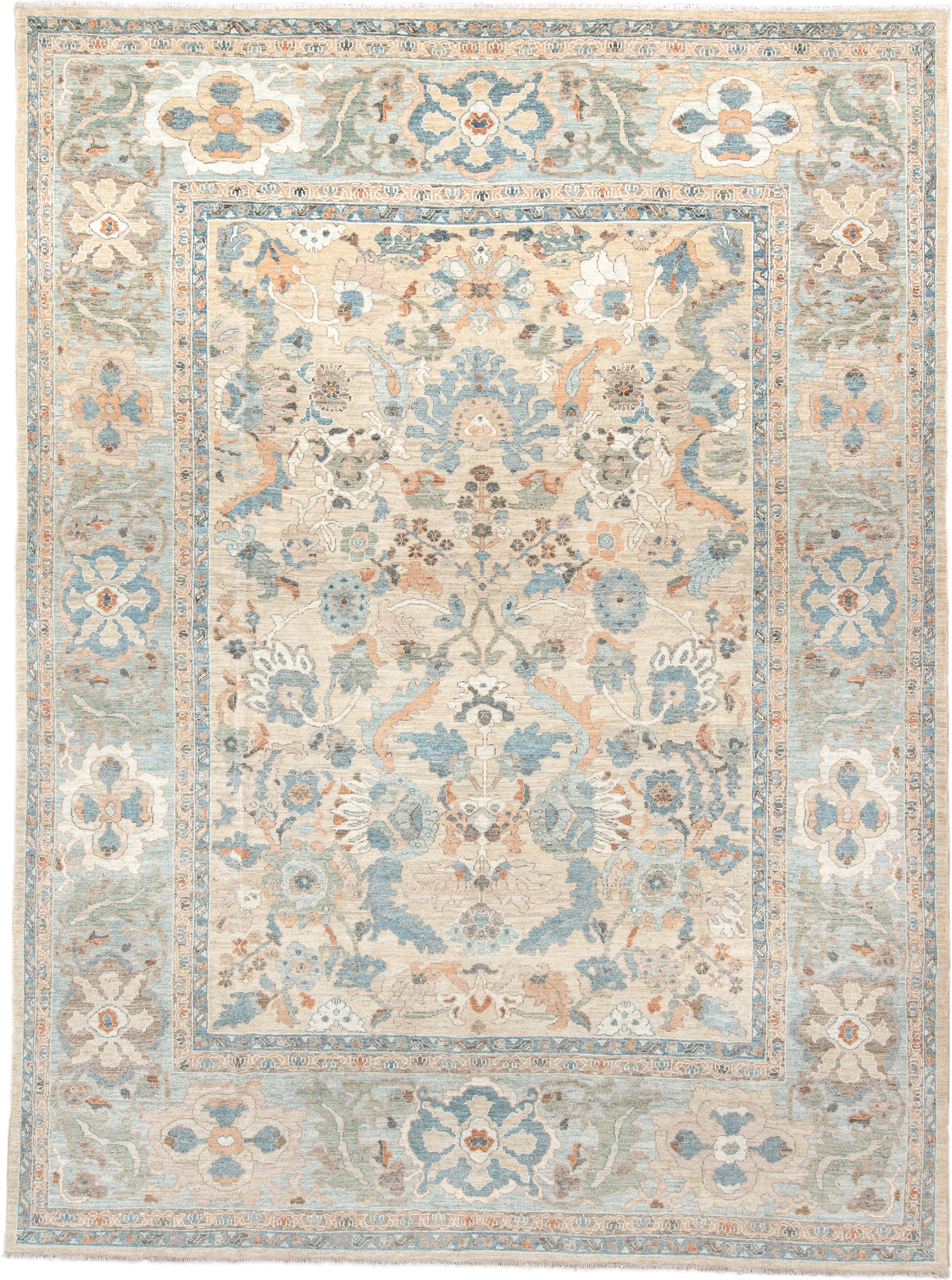 11' x 15' one-of-a-kind handmade vintage Sultanabad oversize rug. Color palette: ivory, pale blue, taupe, peach, beige, sage