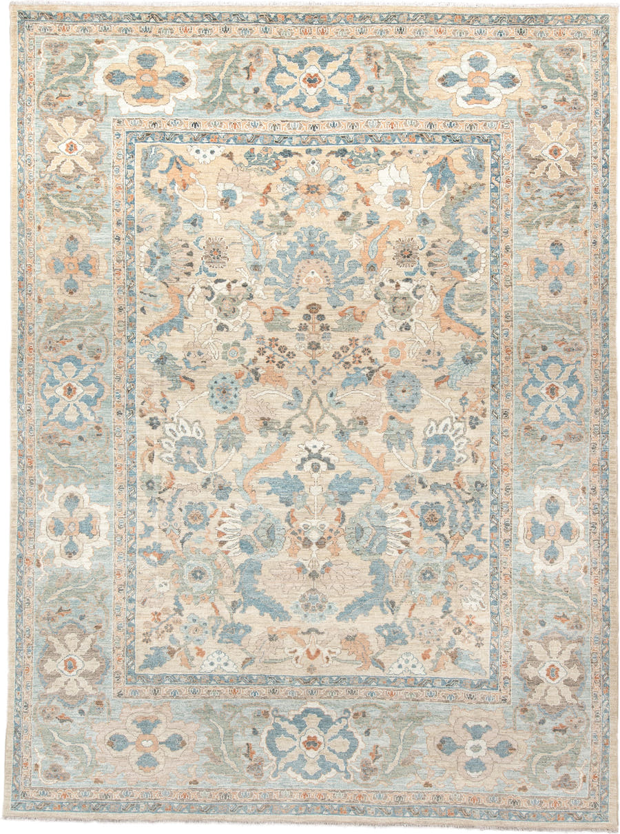 11' x 15' one-of-a-kind handmade vintage Sultanabad oversize rug. Color palette: ivory, pale blue, taupe, peach, beige, sage