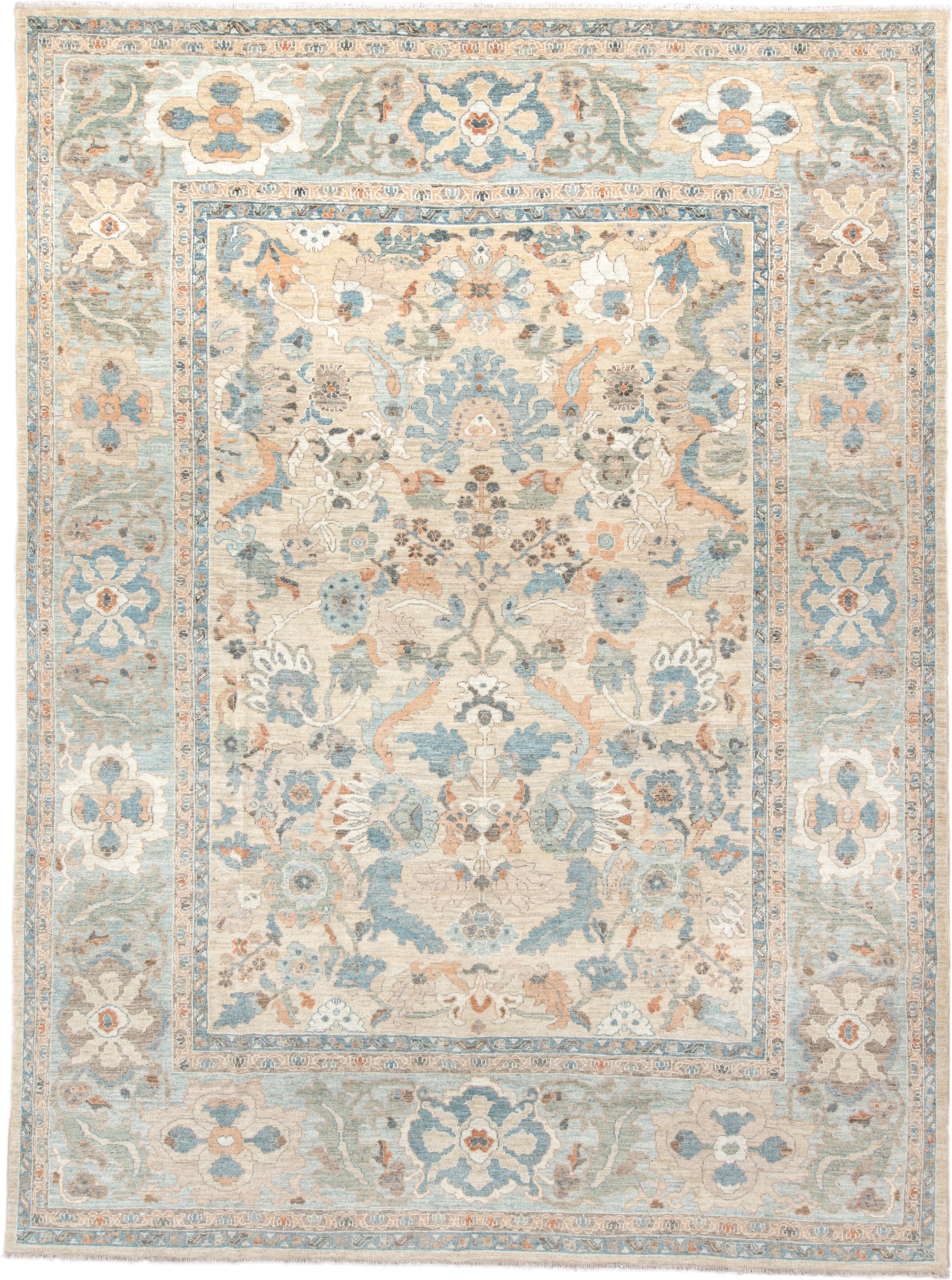 11' x 15' one-of-a-kind handmade vintage Sultanabad oversize rug. Color palette: ivory, pale blue, taupe, peach, beige, sage