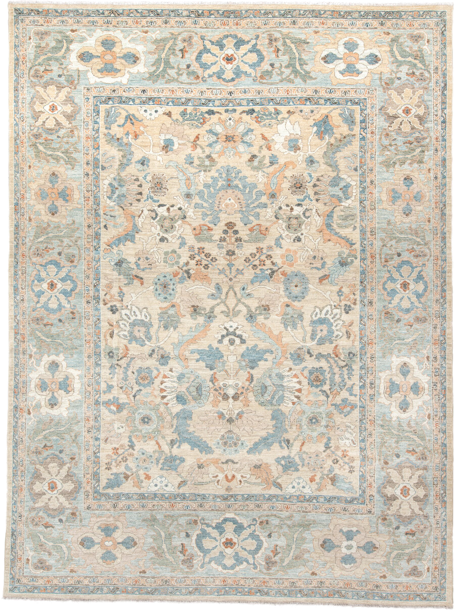 11' x 15' one-of-a-kind handmade vintage Sultanabad oversize rug. Color palette: ivory, pale blue, taupe, peach, beige, sage